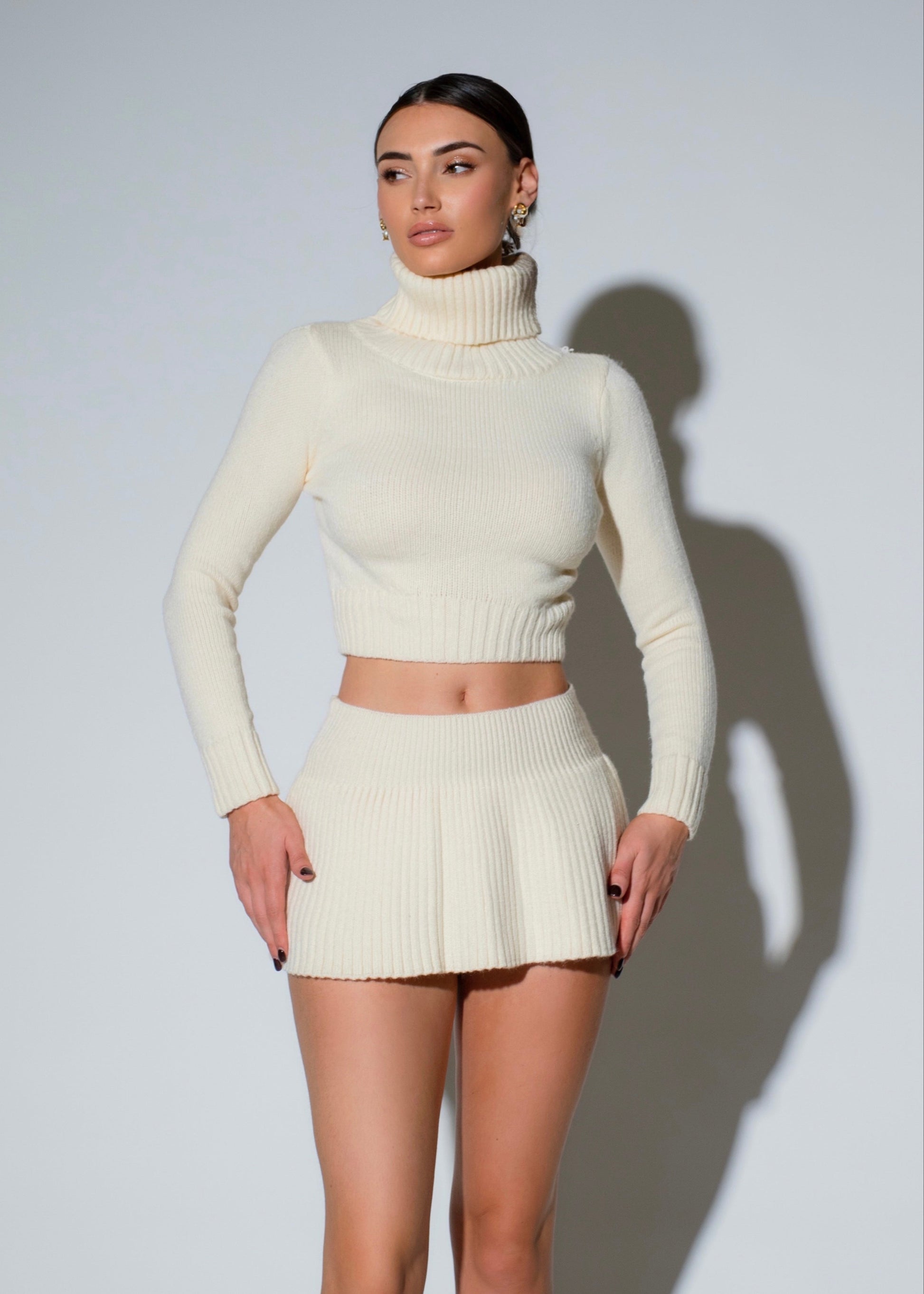 Cream Ribbed Knit Turtleneck Crop Top and Mini Skirt