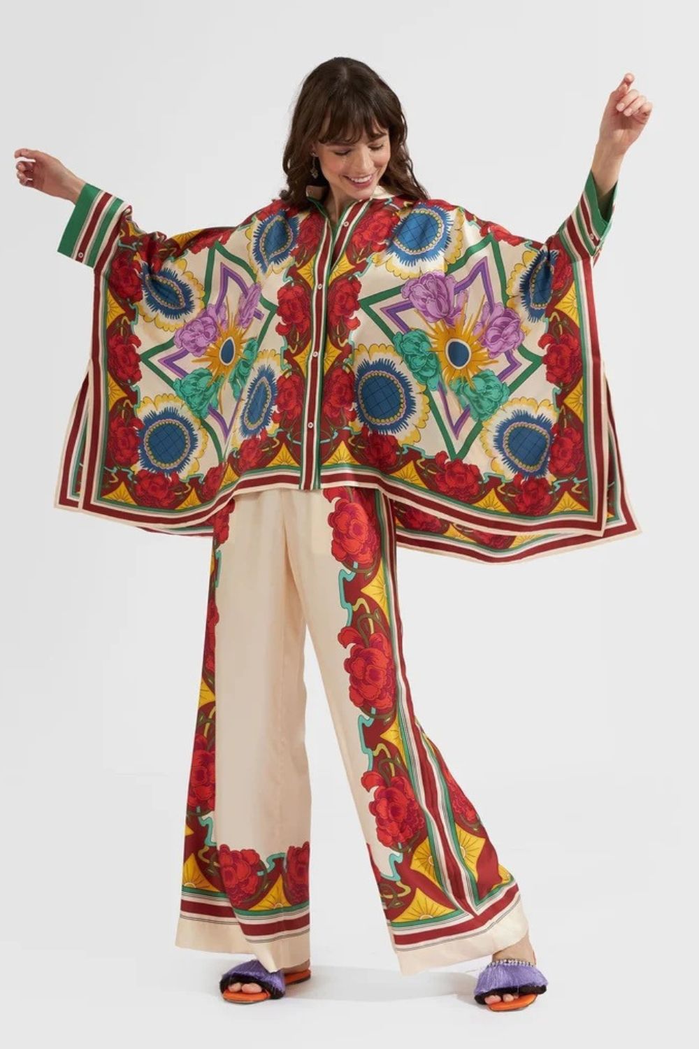 Silk Twill Wide Leg Pant and Top Set with Fan Print Luxe Resort Style