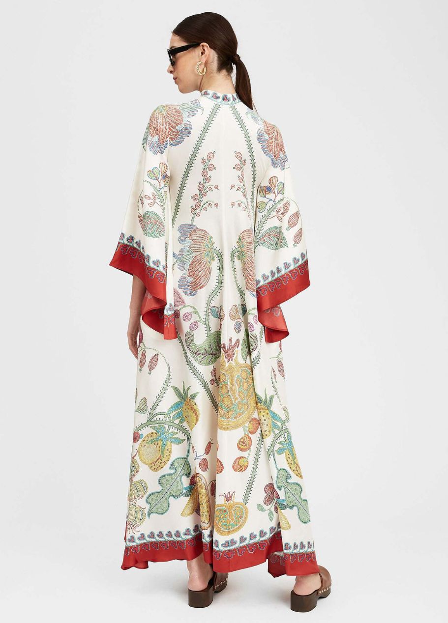 Printed Silk Maxi Dress with High Neck and Draped Sleeves