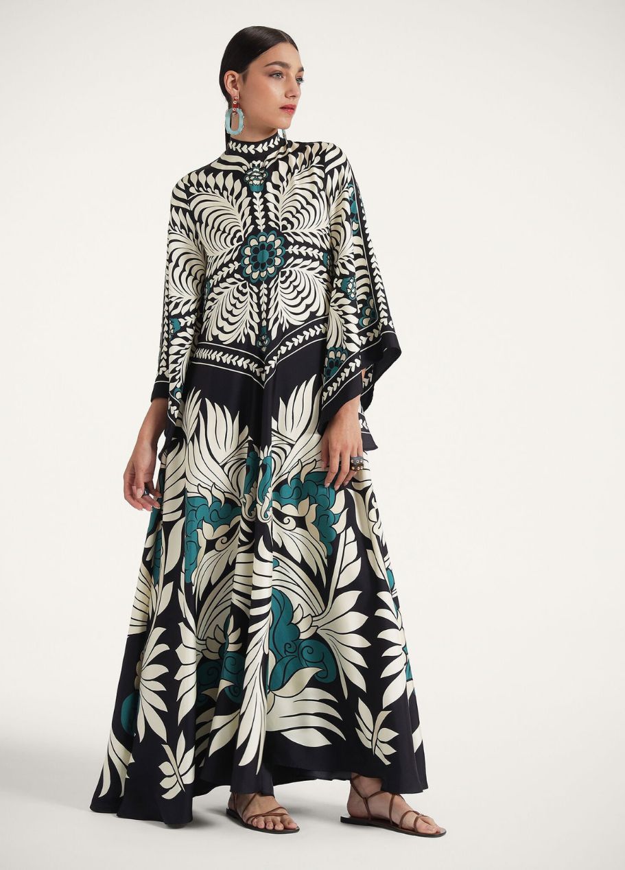 Printed Silk Maxi Dress with High Neck and Draped Sleeves