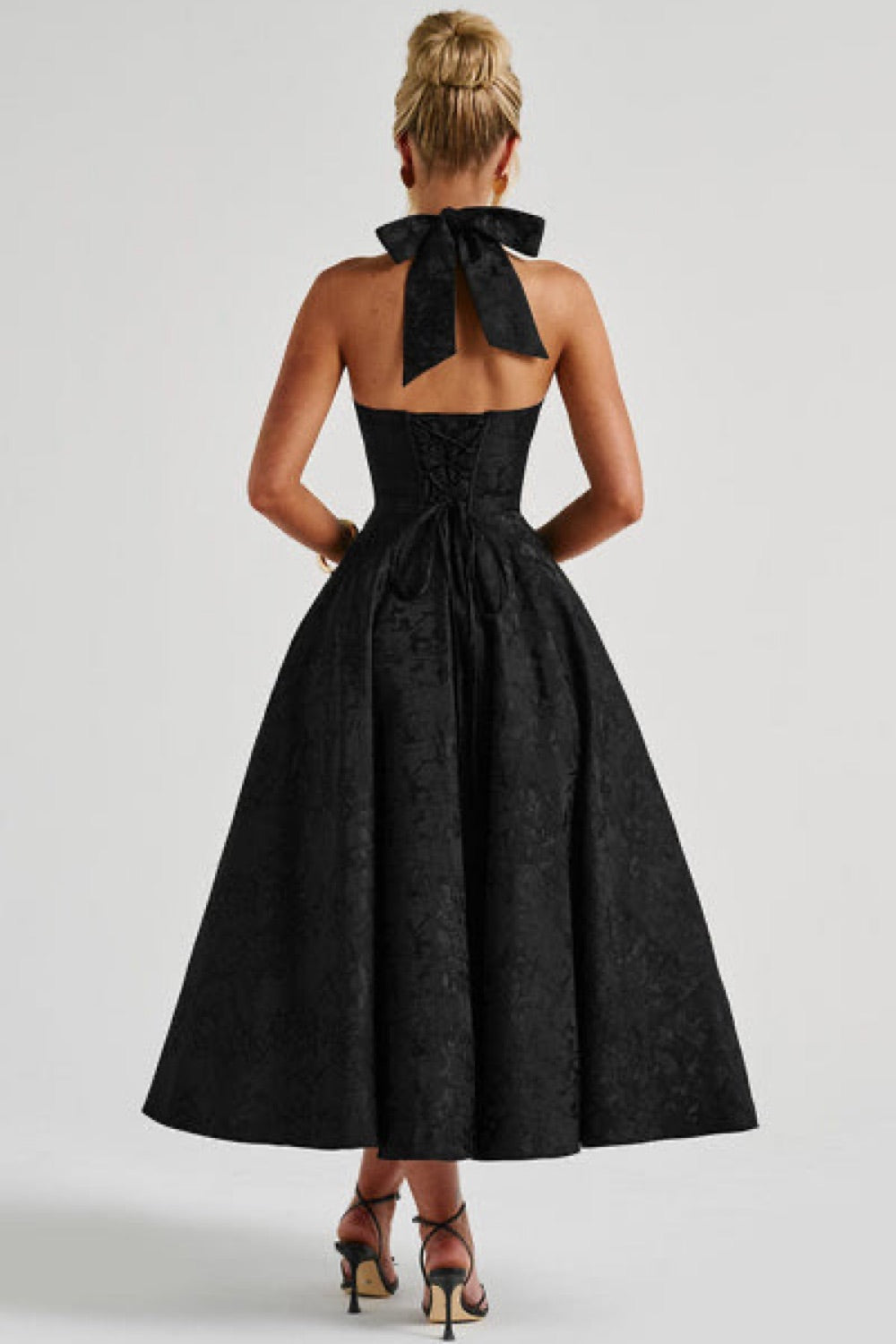 Romantic Halter Jacquard Midi Dress