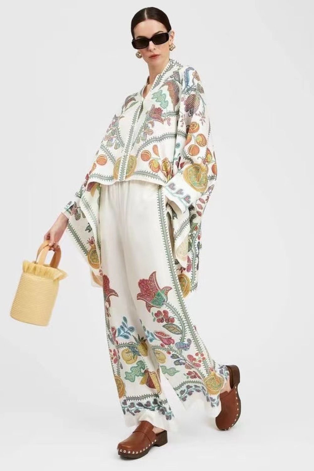 Silk Twill Wide Leg Pant and Top Set with Fan Print Luxe Resort Style