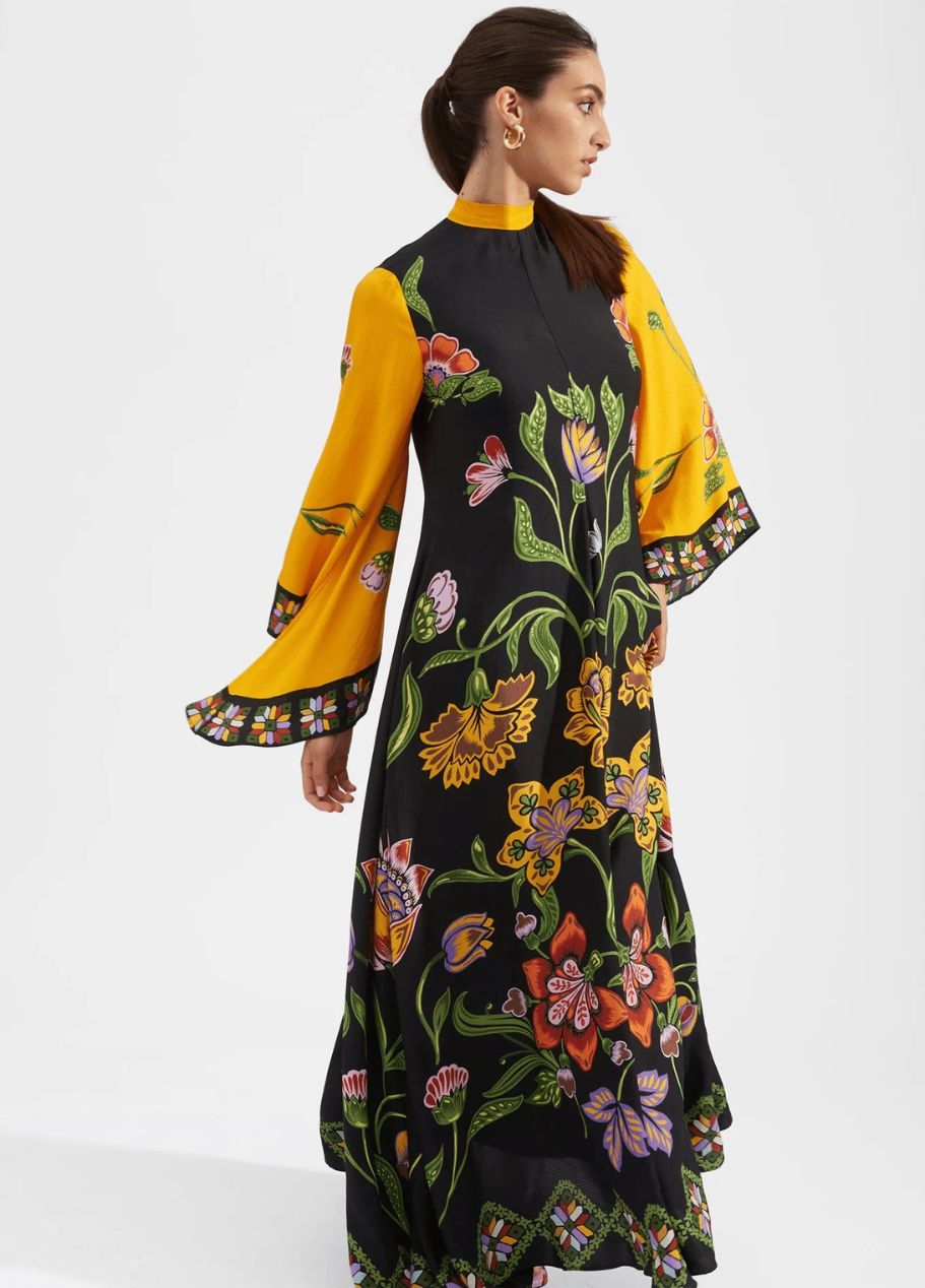 Printed Silk Maxi Dress with High Neck and Draped Sleeves