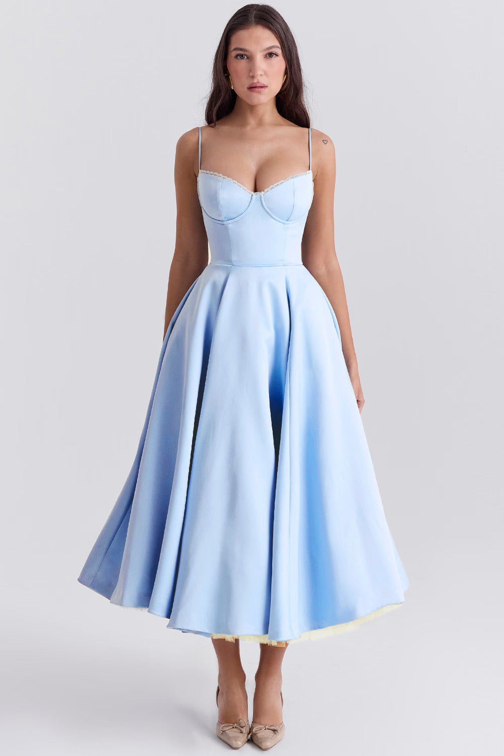 Romantic Satin Midi Dress with Corset Bodice and Sweetheart Neckline