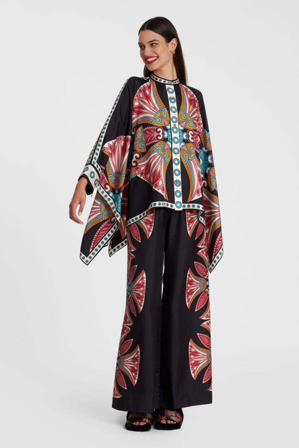 Silk Twill Wide Leg Pant and Top Set with Fan Print Luxe Resort Style
