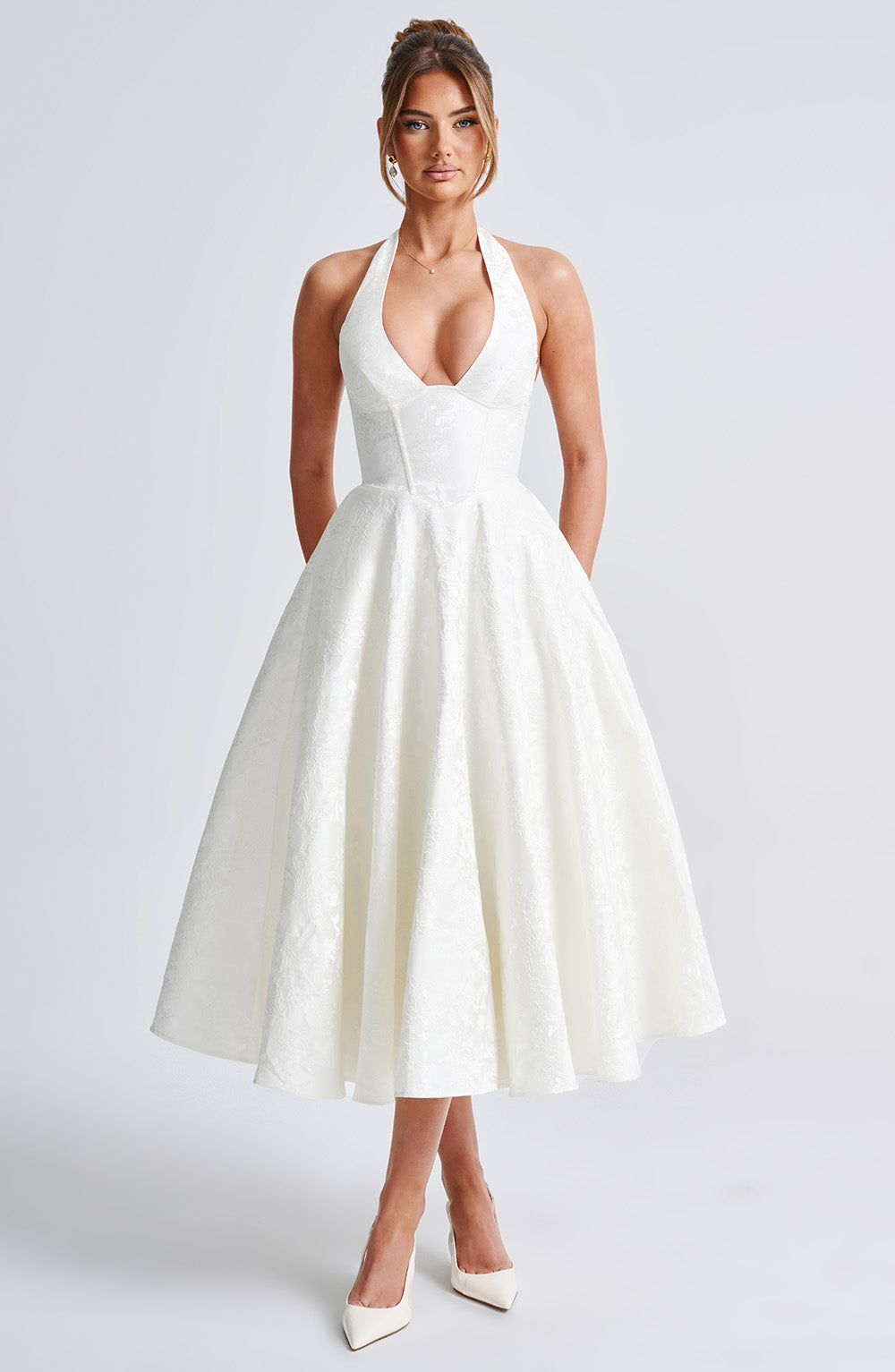 Romantic Halter Jacquard Midi Dress