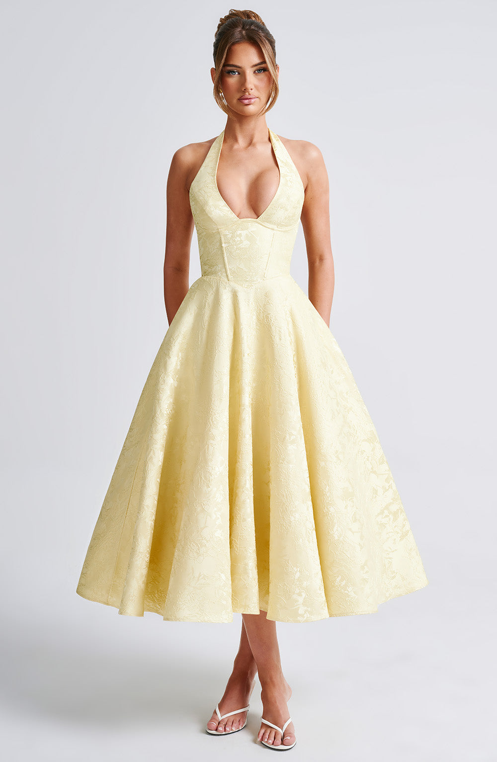 Romantic Halter Jacquard Midi Dress