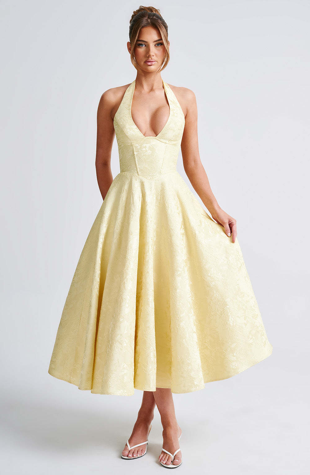 Romantic Halter Jacquard Midi Dress