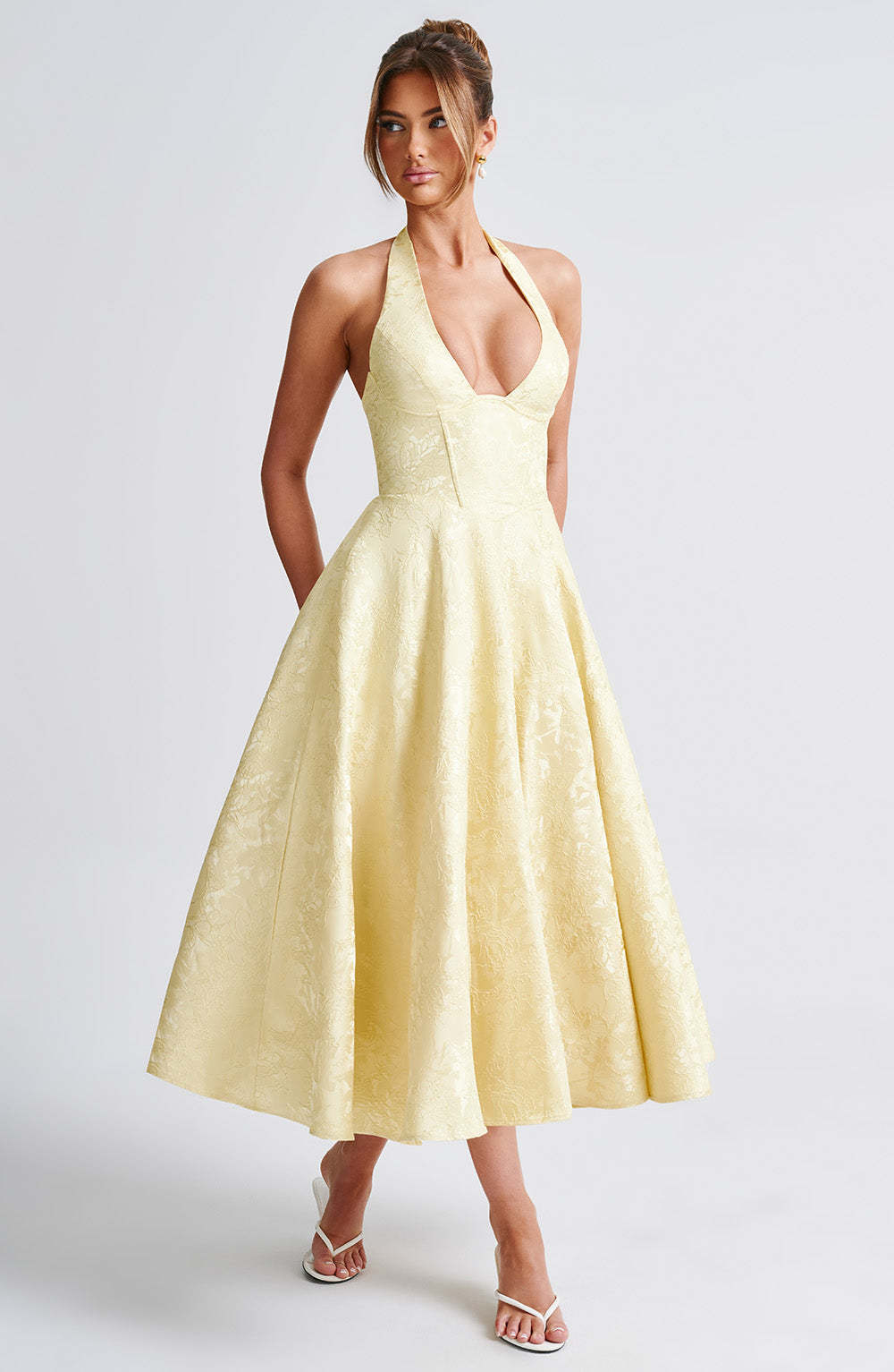 Romantic Halter Jacquard Midi Dress