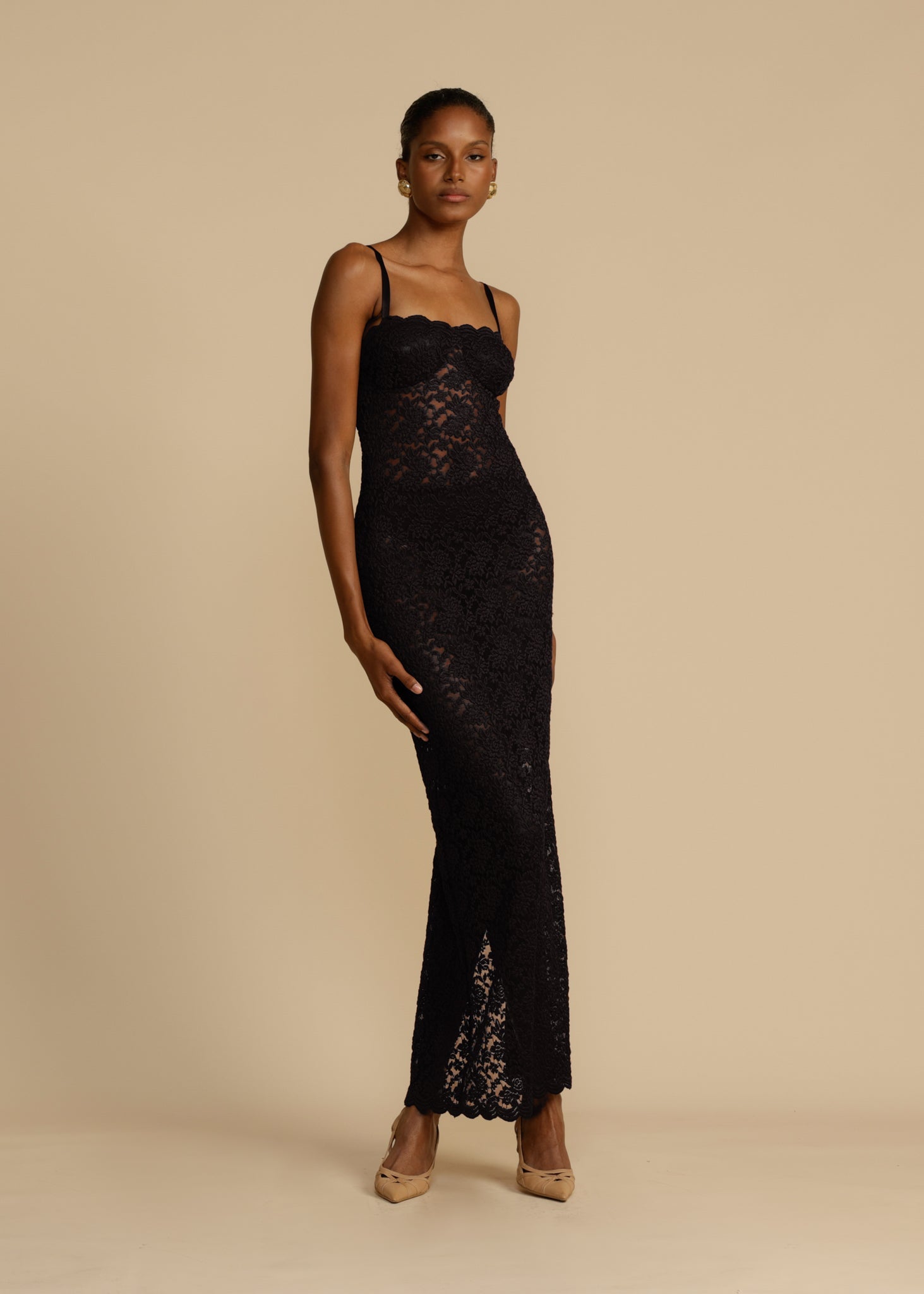 Black Flora Lace Bustier Maxi Dress