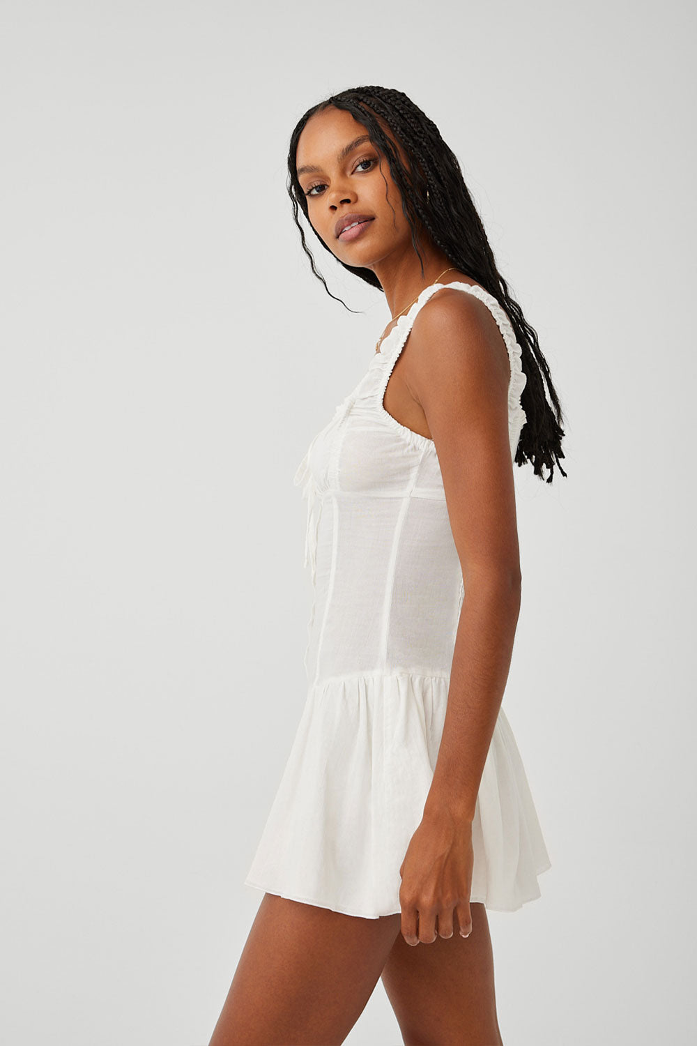 White Ruffle Strap Mini Dress with Fitted Bodice