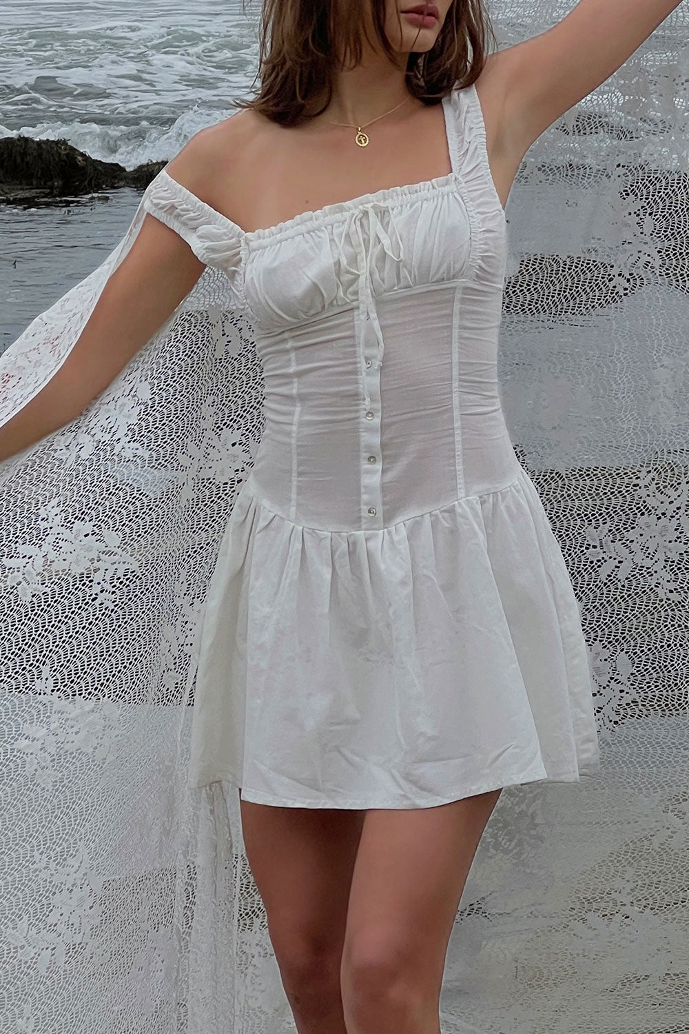 White Ruffle Strap Mini Dress with Fitted Bodice