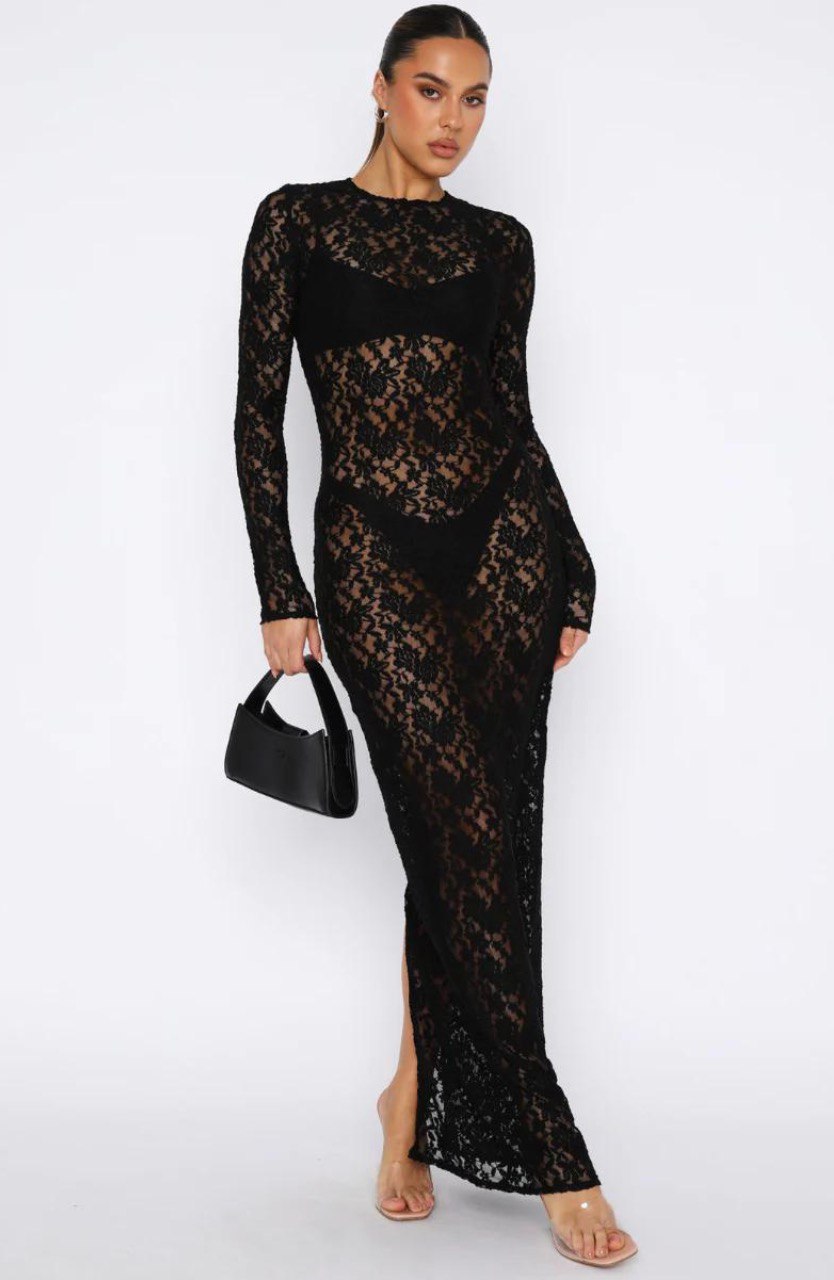 Black Sheer Lace Maxi Dress – Long Sleeve Bodycon with Side Slit
