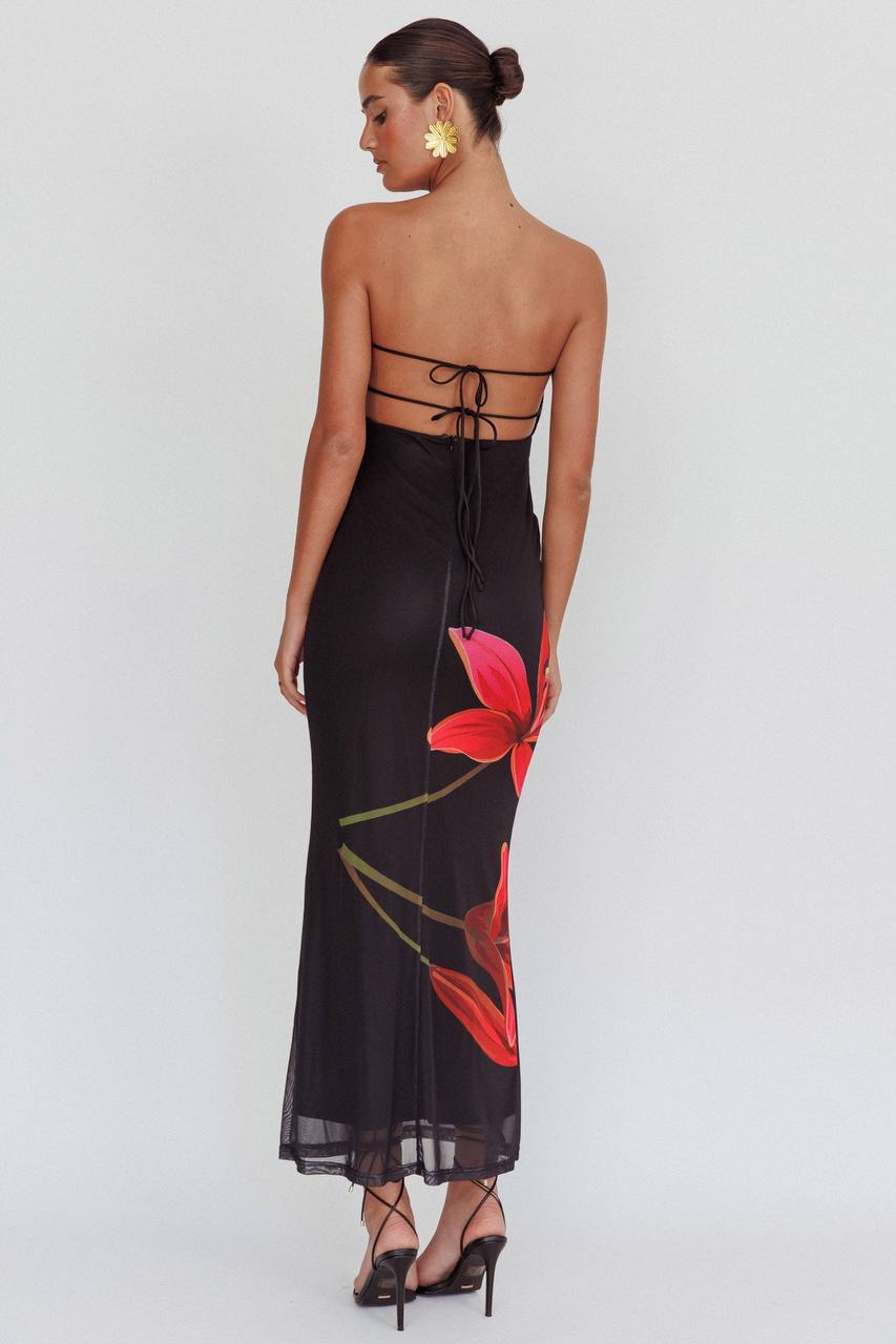 Black Strapless Floral Mesh Maxi Dress