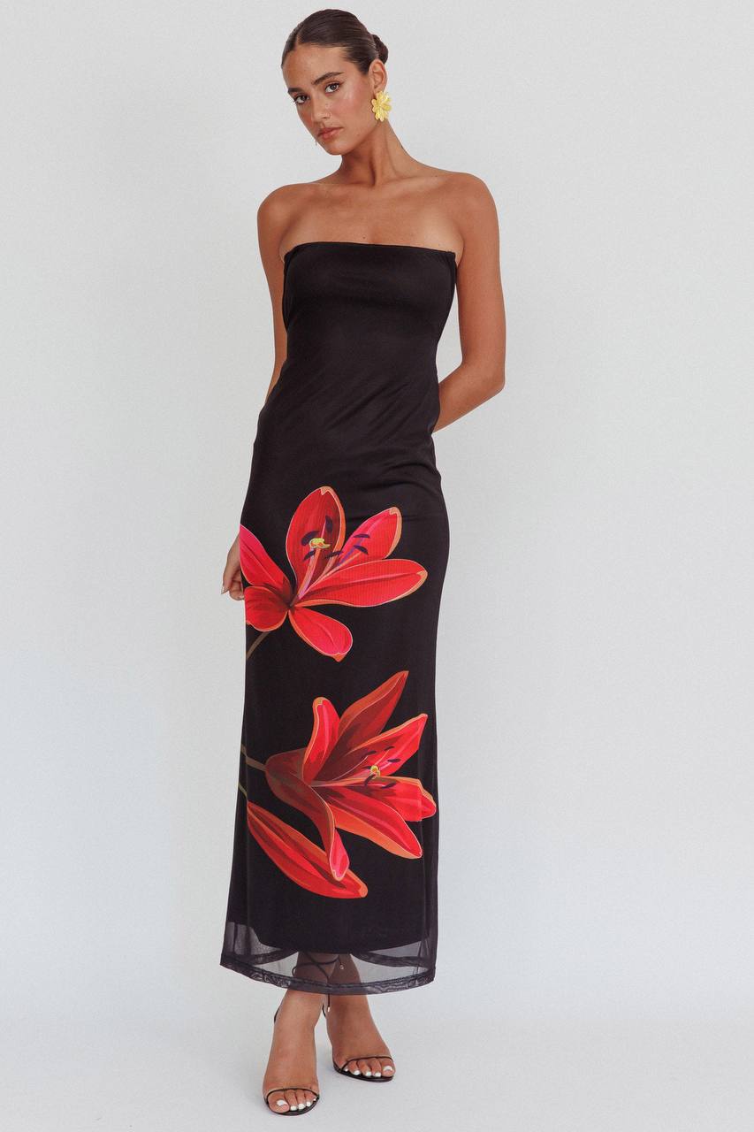 Black Strapless Floral Mesh Maxi Dress