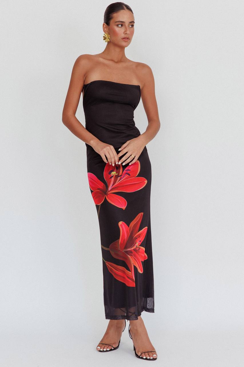 Black Strapless Floral Mesh Maxi Dress