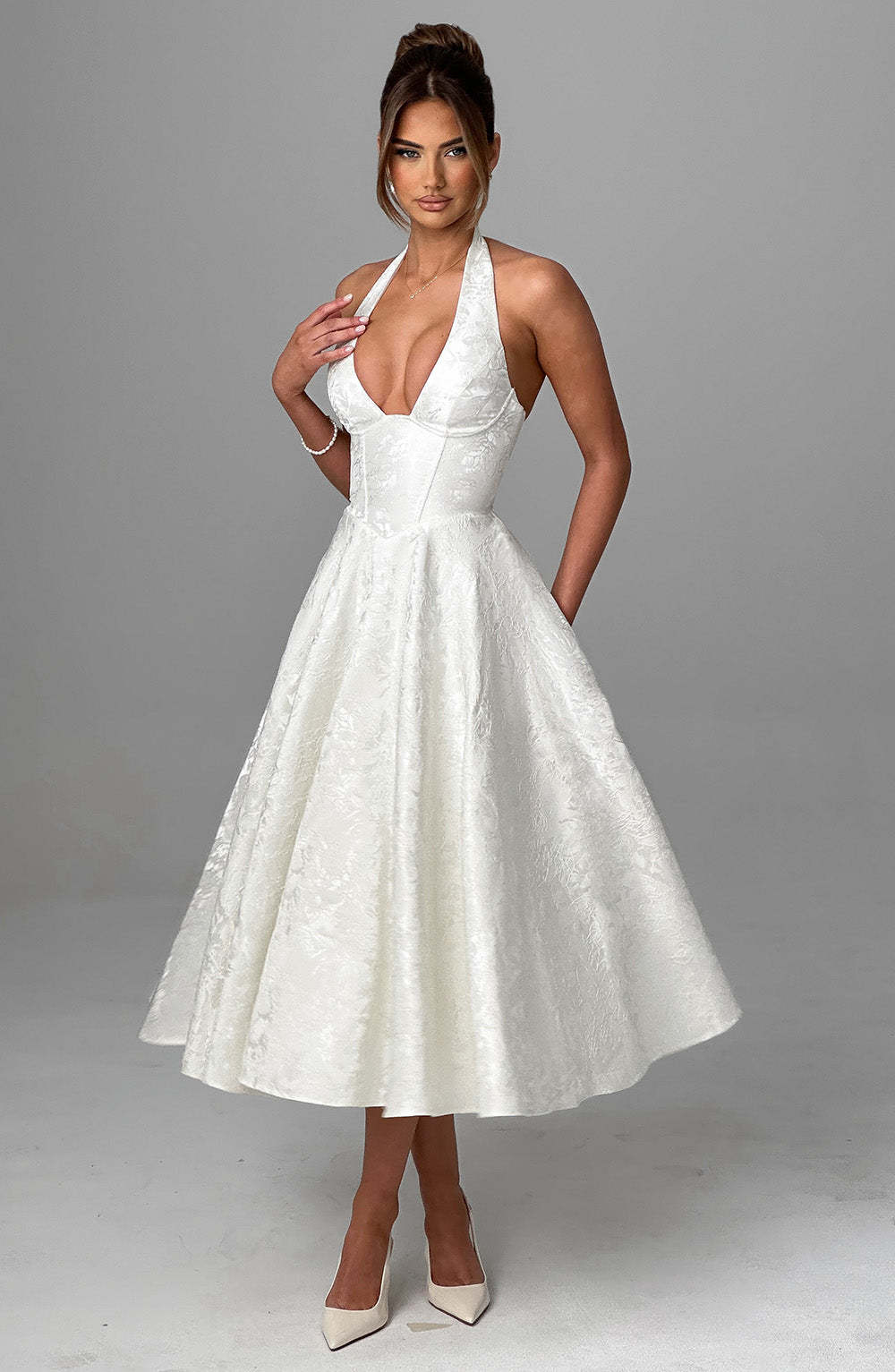 Romantic Halter Jacquard Midi Dress