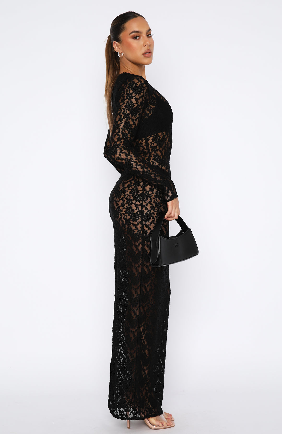 Black Sheer Lace Maxi Dress – Long Sleeve Bodycon with Side Slit