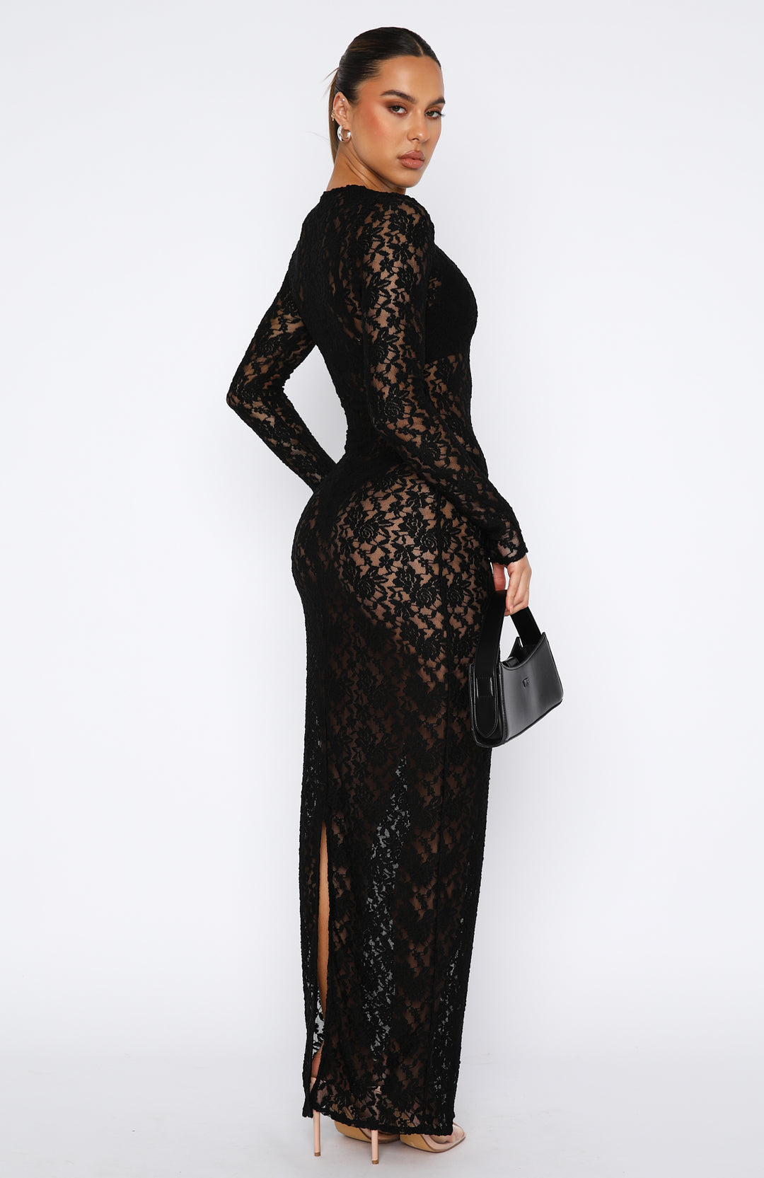 Black Sheer Lace Maxi Dress – Long Sleeve Bodycon with Side Slit