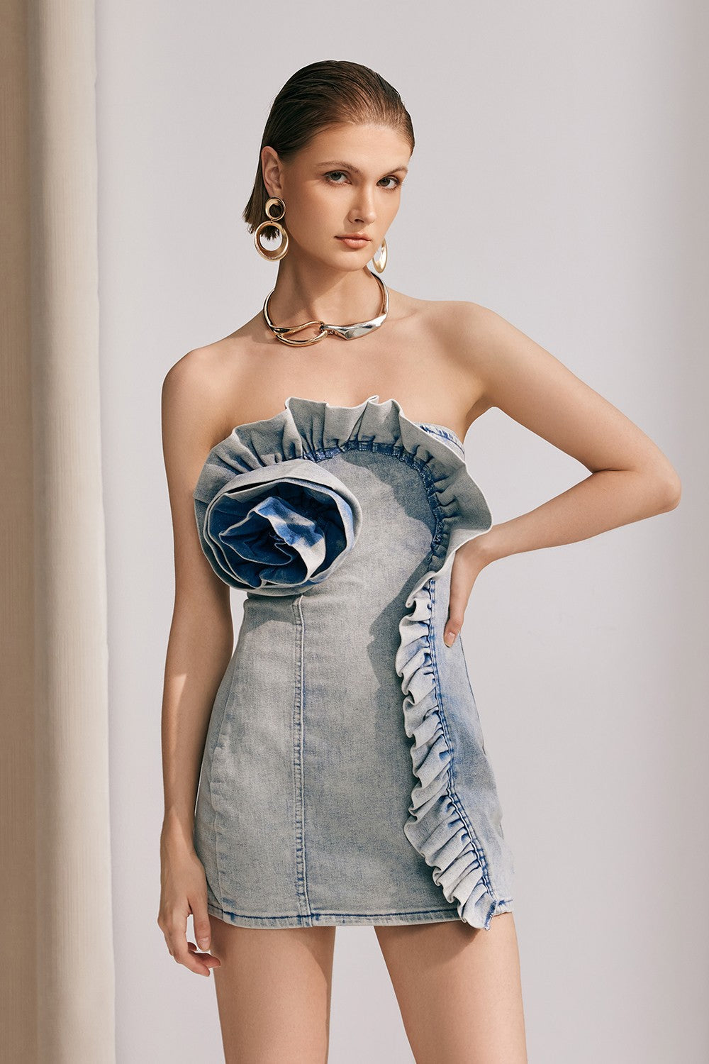 Denim Mini Dress with Contrast Floral Ruffles