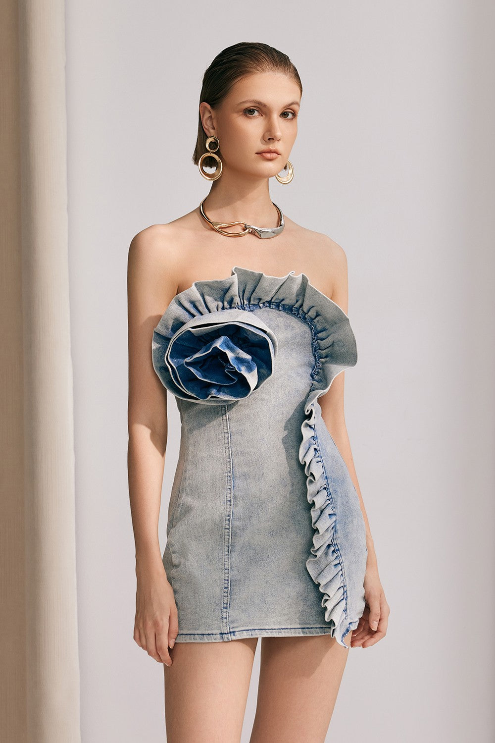 Denim Mini Dress with Contrast Floral Ruffles