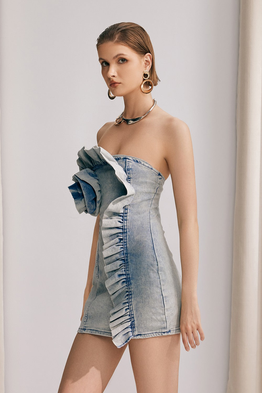 Denim Mini Dress with Contrast Floral Ruffles