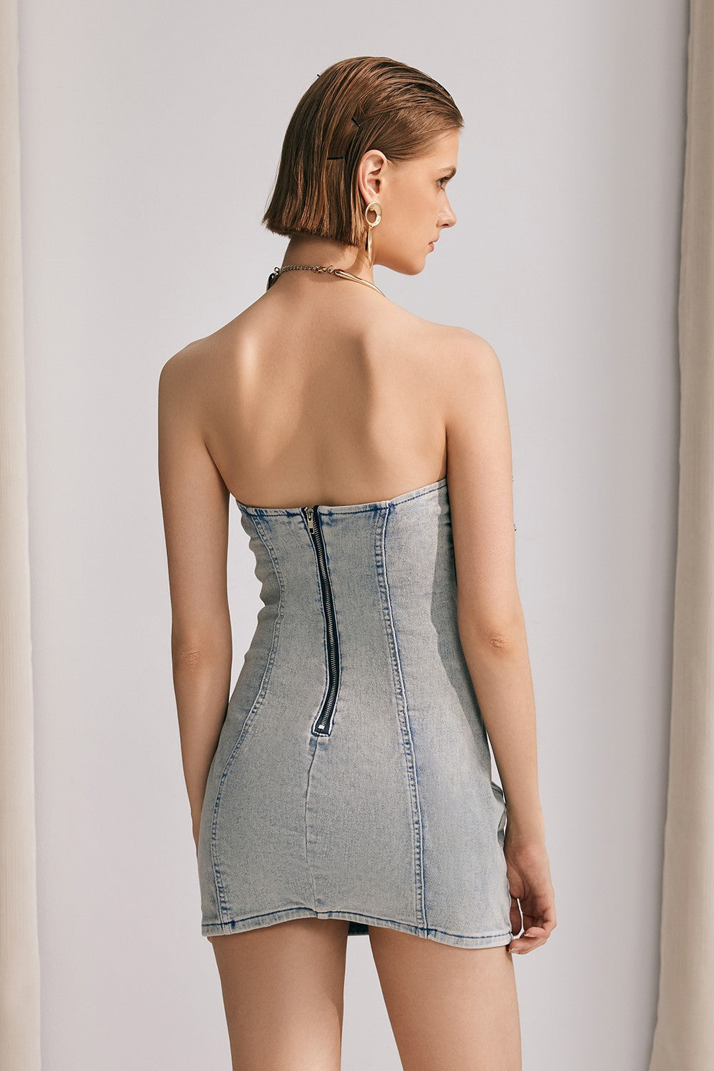Denim Mini Dress with Contrast Floral Ruffles