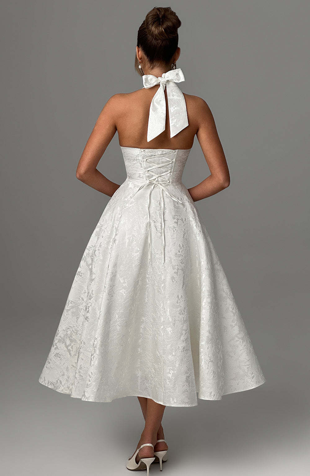 Romantic Halter Jacquard Midi Dress