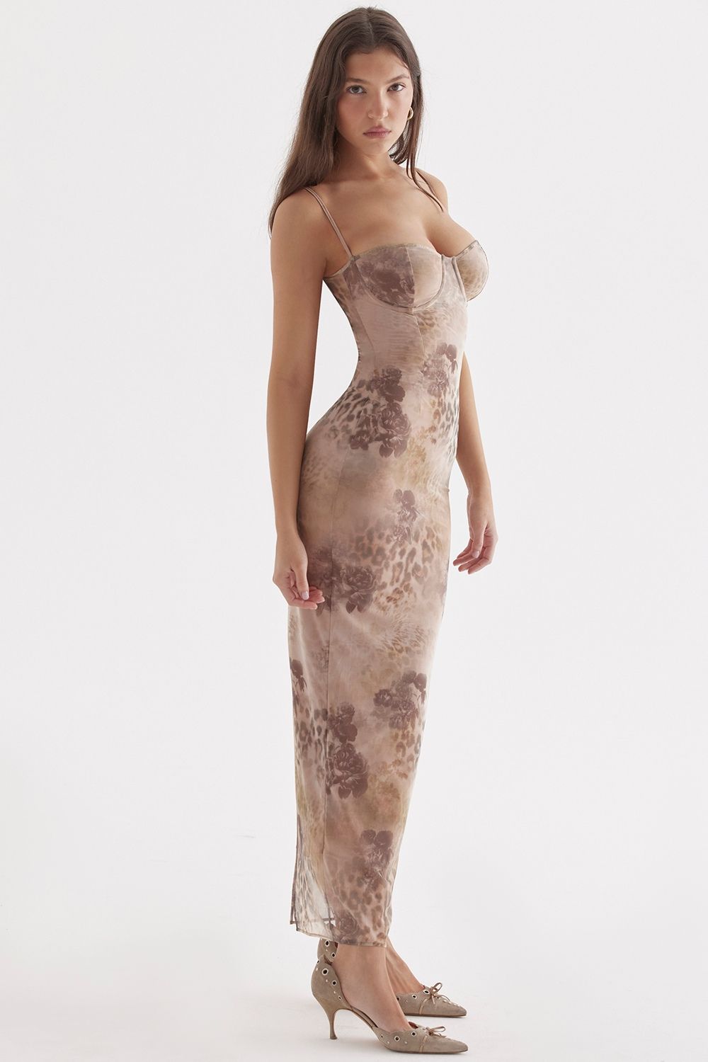 Floral Print Mesh Bodycon Maxi Dress