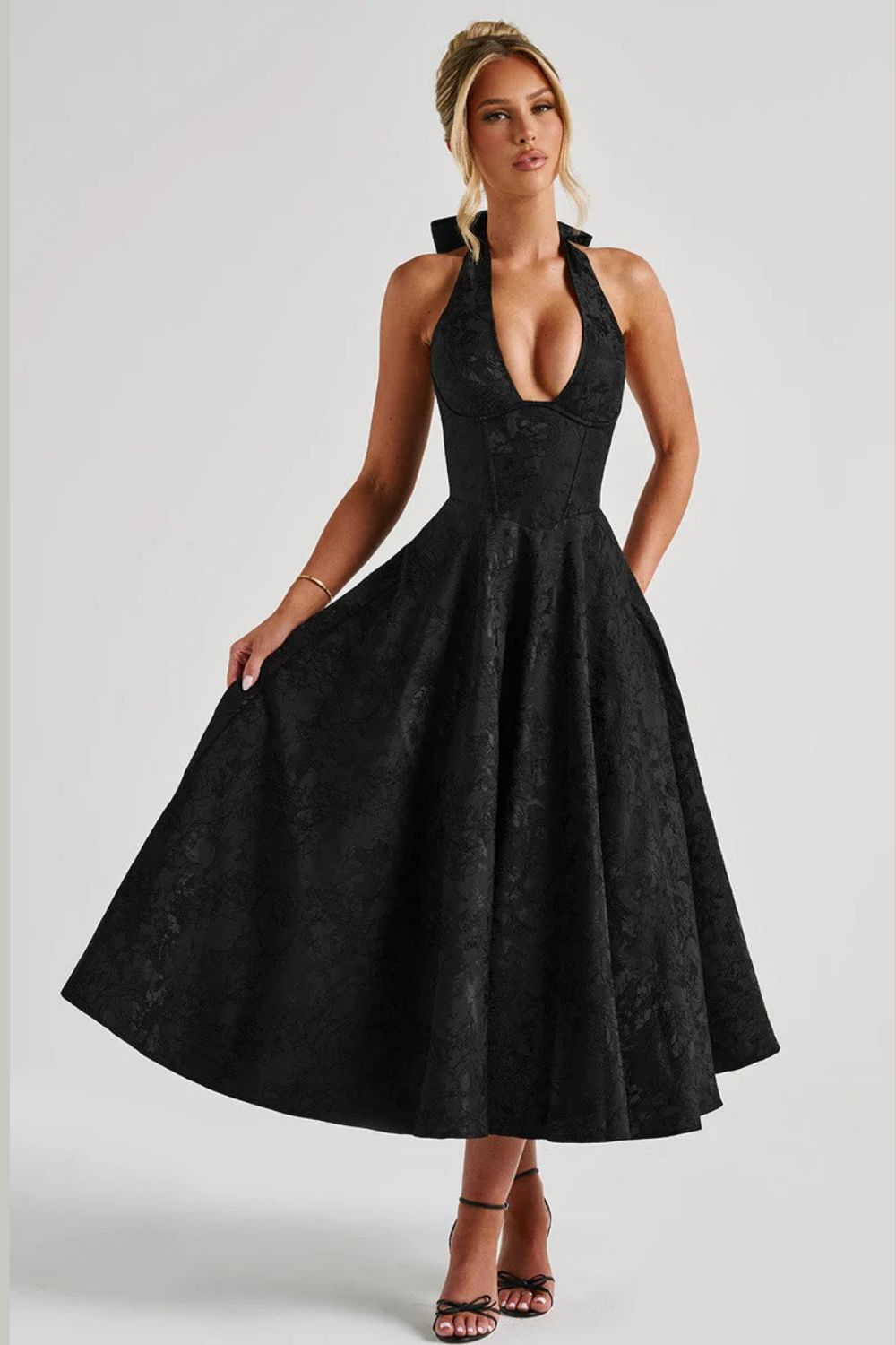 Romantic Halter Jacquard Midi Dress