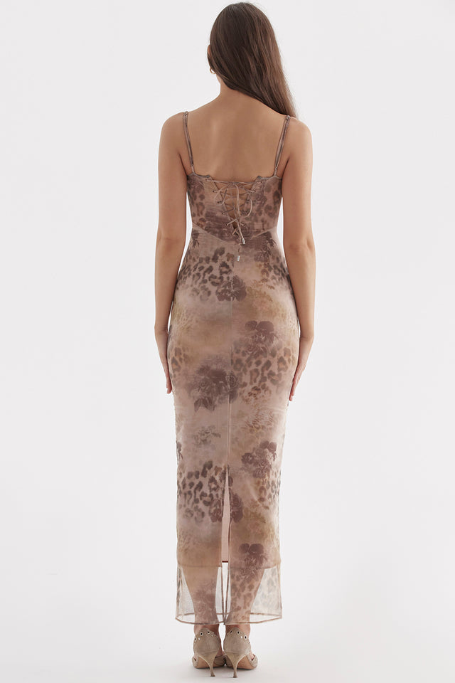 Floral Print Mesh Bodycon Maxi Dress