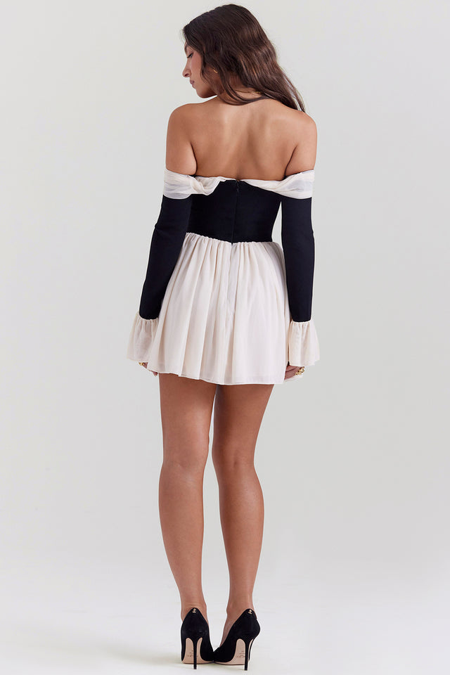 Black and White Off Shoulder Pleated Mini Dress