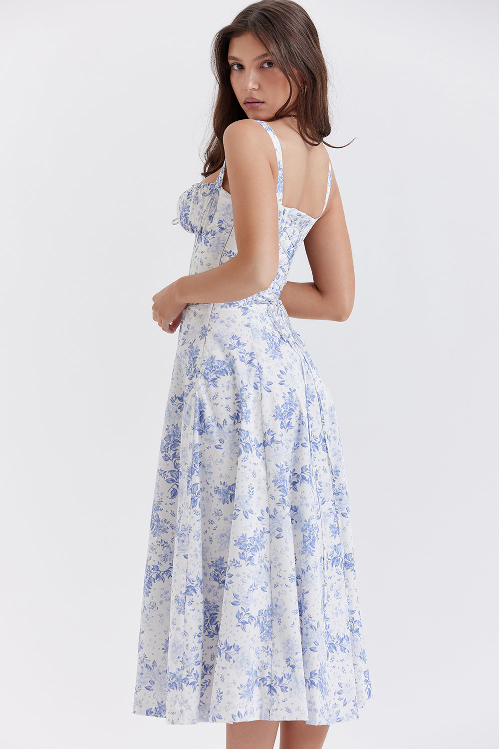Romantic Floral Corset Midi Sundress with Straps