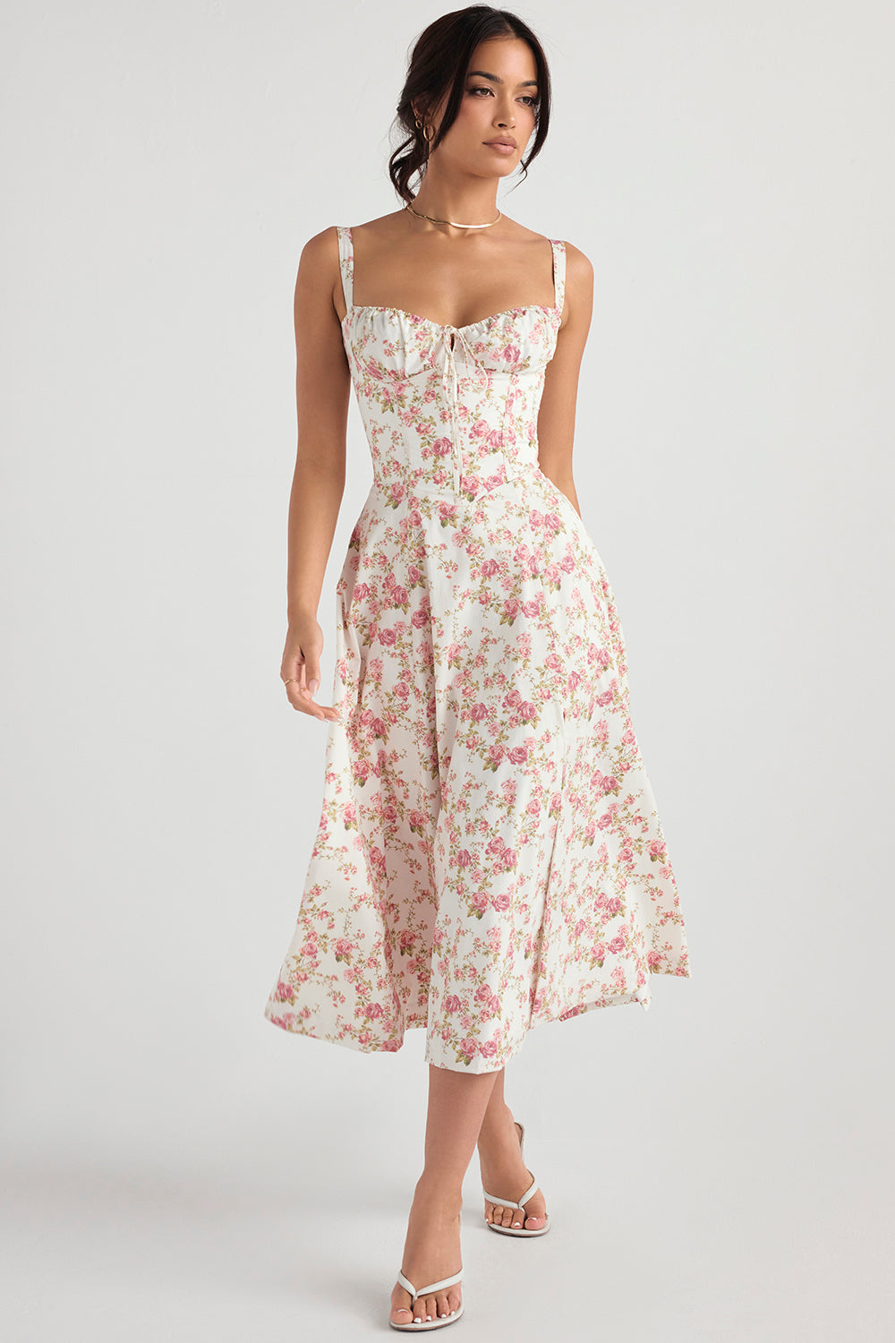 Romantic Floral Corset Midi Sundress with Straps