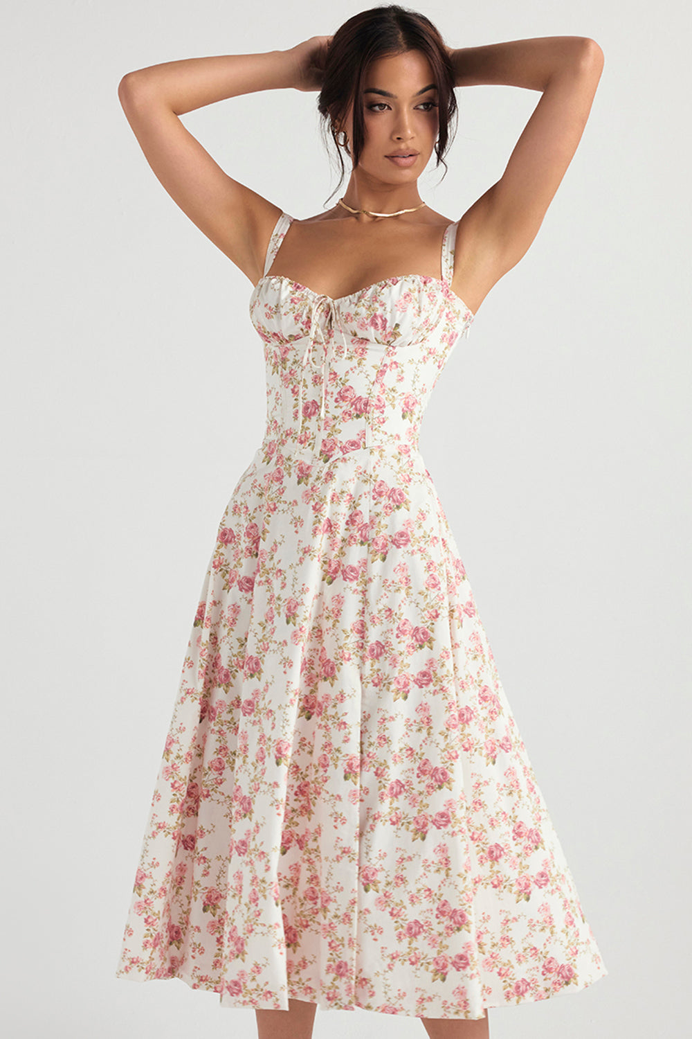 Romantic Floral Corset Midi Sundress with Straps