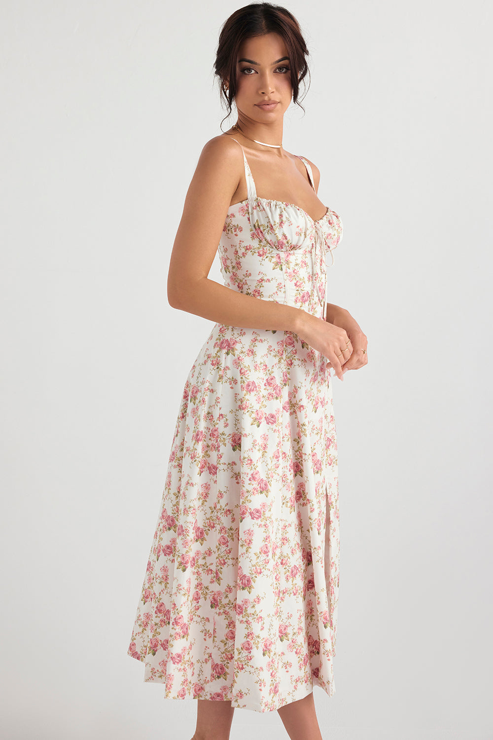 Romantic Floral Corset Midi Sundress with Straps