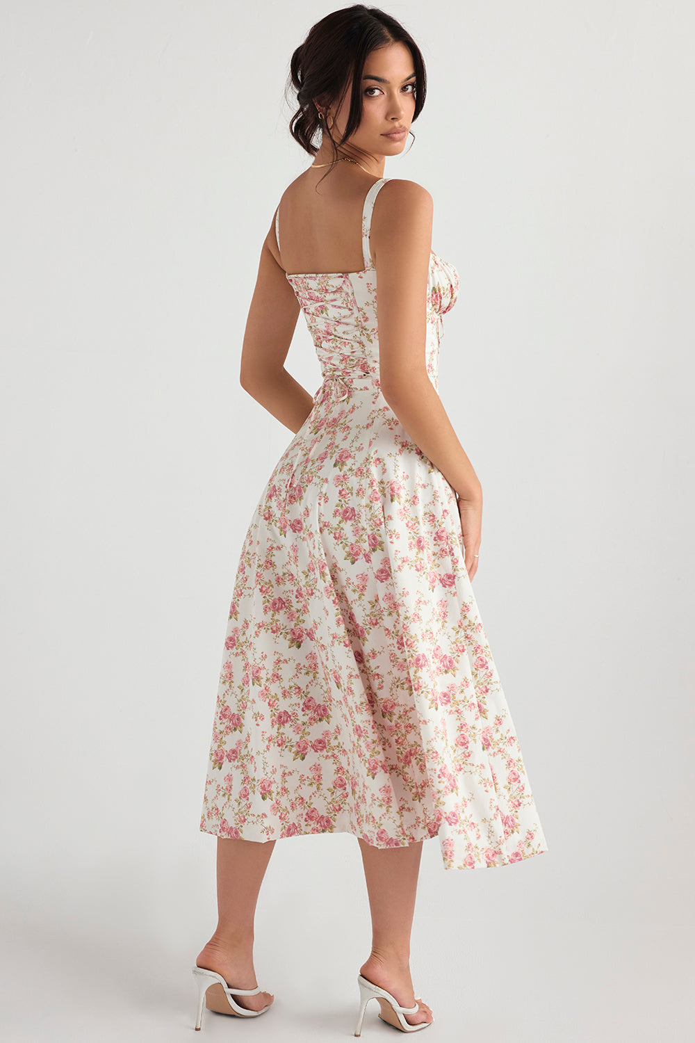 Romantic Floral Corset Midi Sundress with Straps