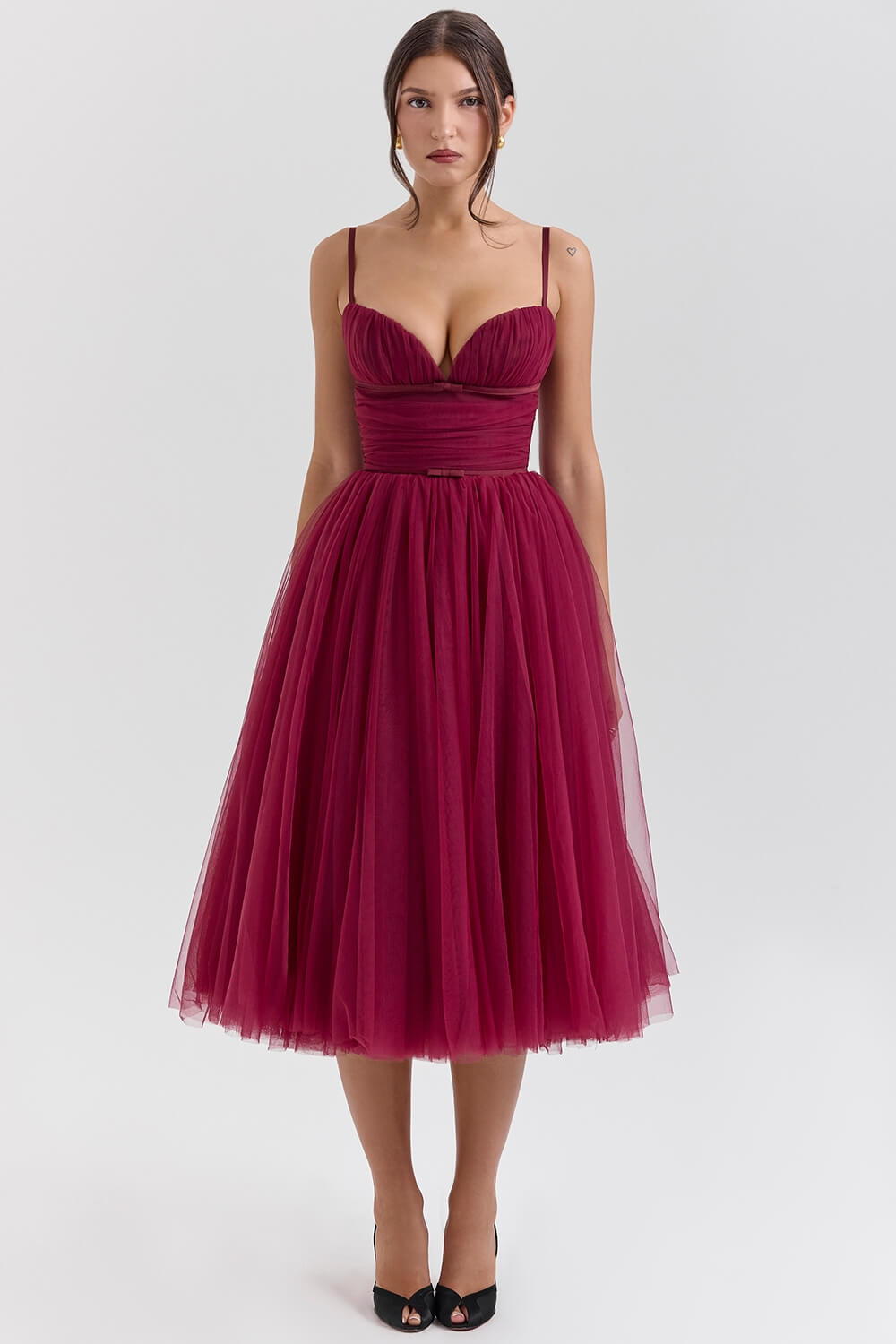 Burgundy Tulle Midi Dress – Sweetheart Neckline Vintage Party Dress