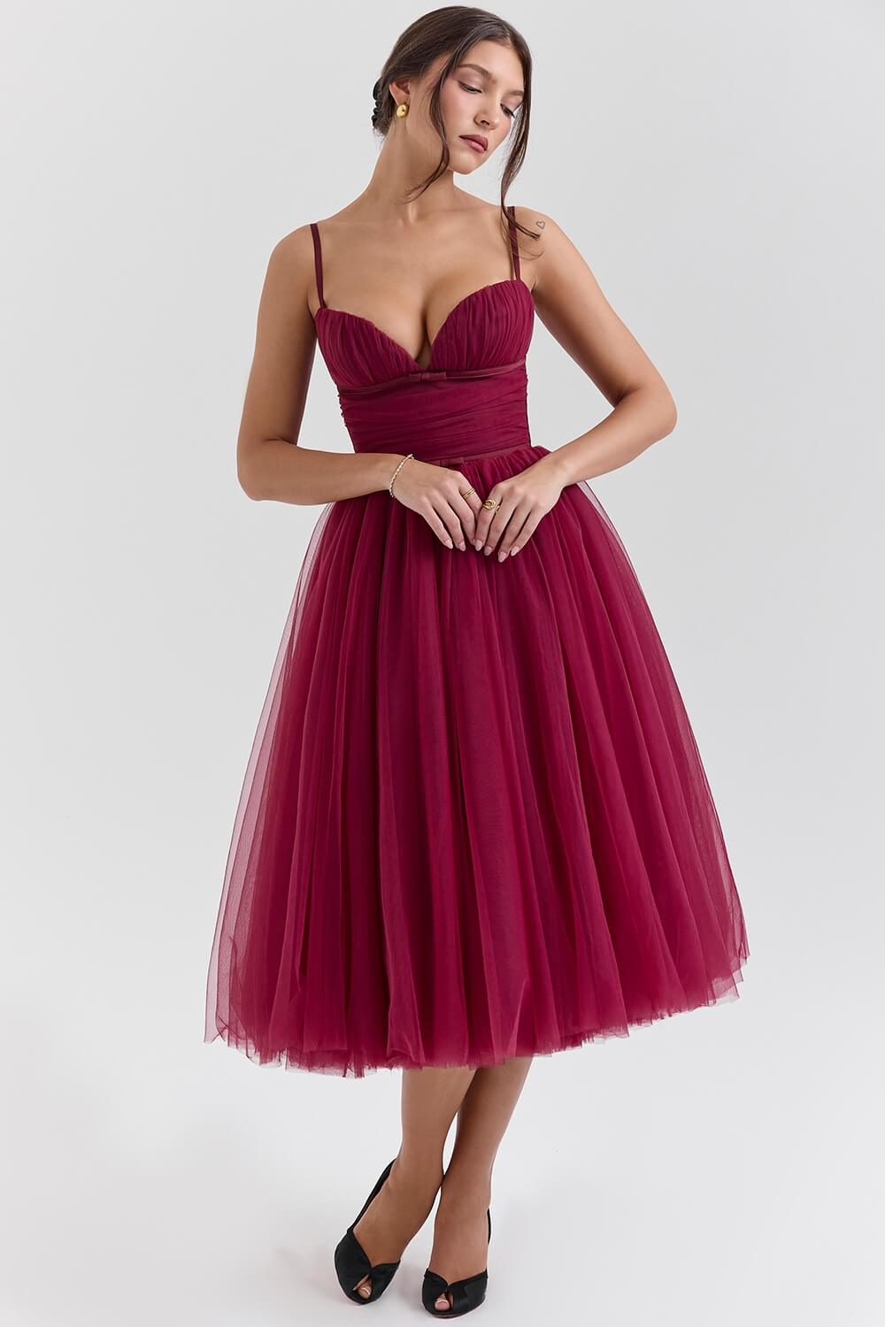 Burgundy Tulle Midi Dress – Sweetheart Neckline Vintage Party Dress
