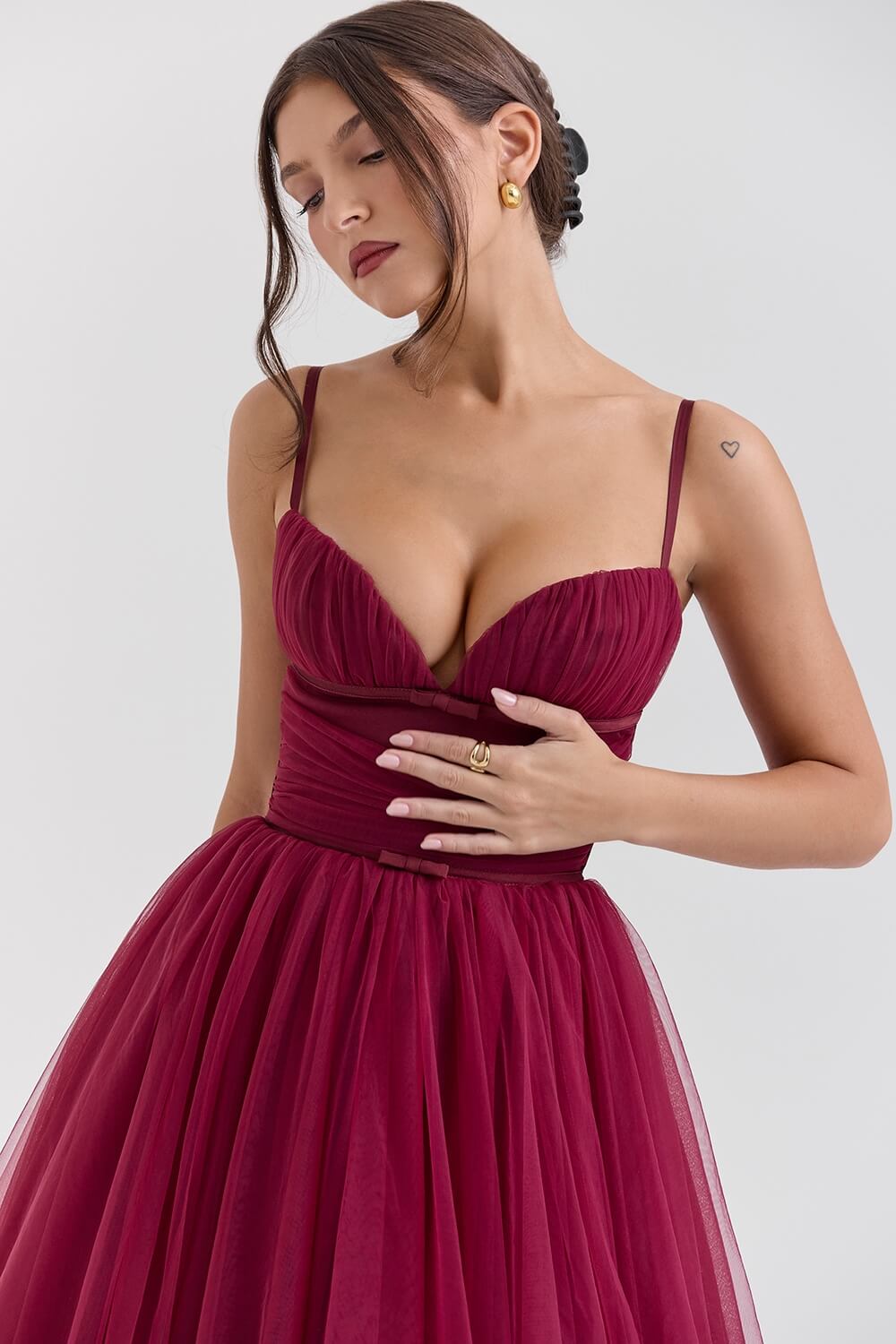 Burgundy Tulle Midi Dress – Sweetheart Neckline Vintage Party Dress