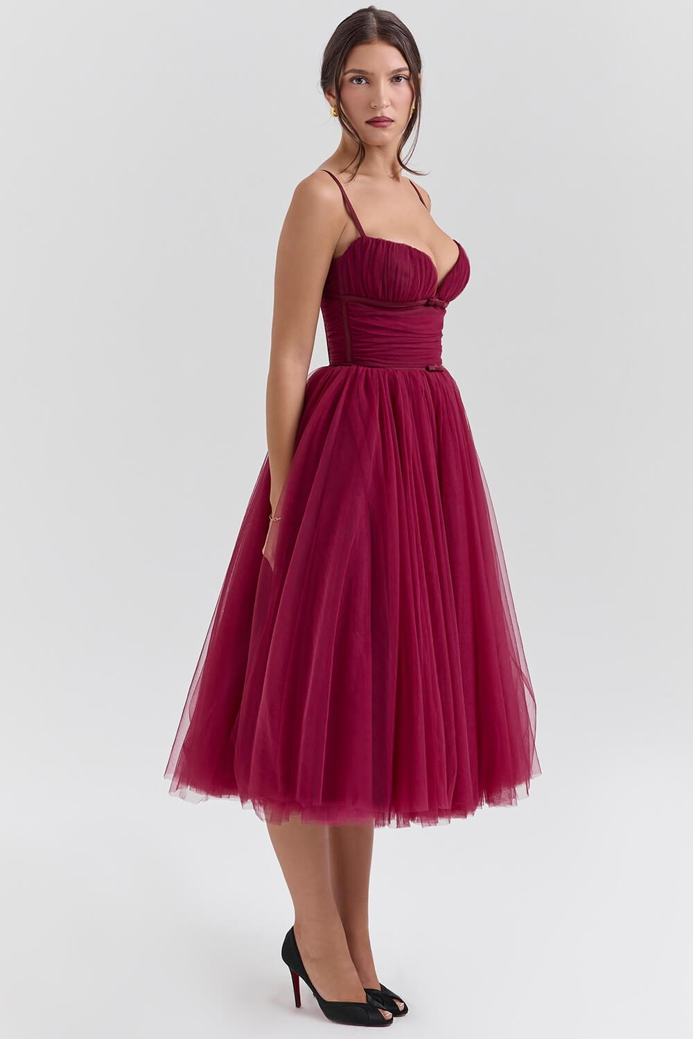 Burgundy Tulle Midi Dress – Sweetheart Neckline Vintage Party Dress