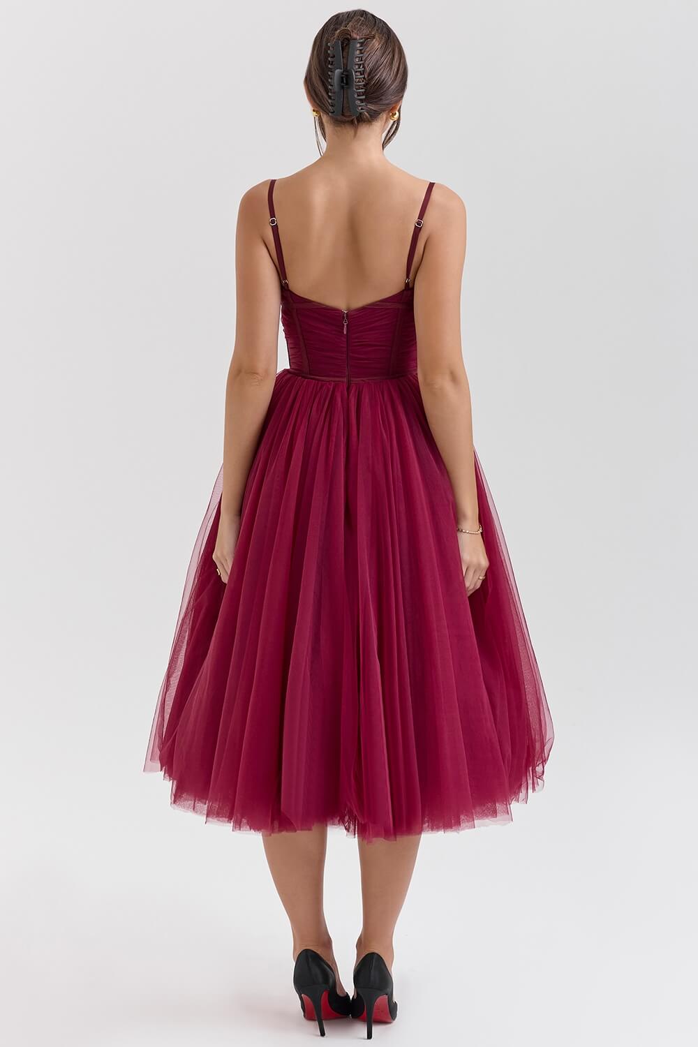 Burgundy Tulle Midi Dress – Sweetheart Neckline Vintage Party Dress