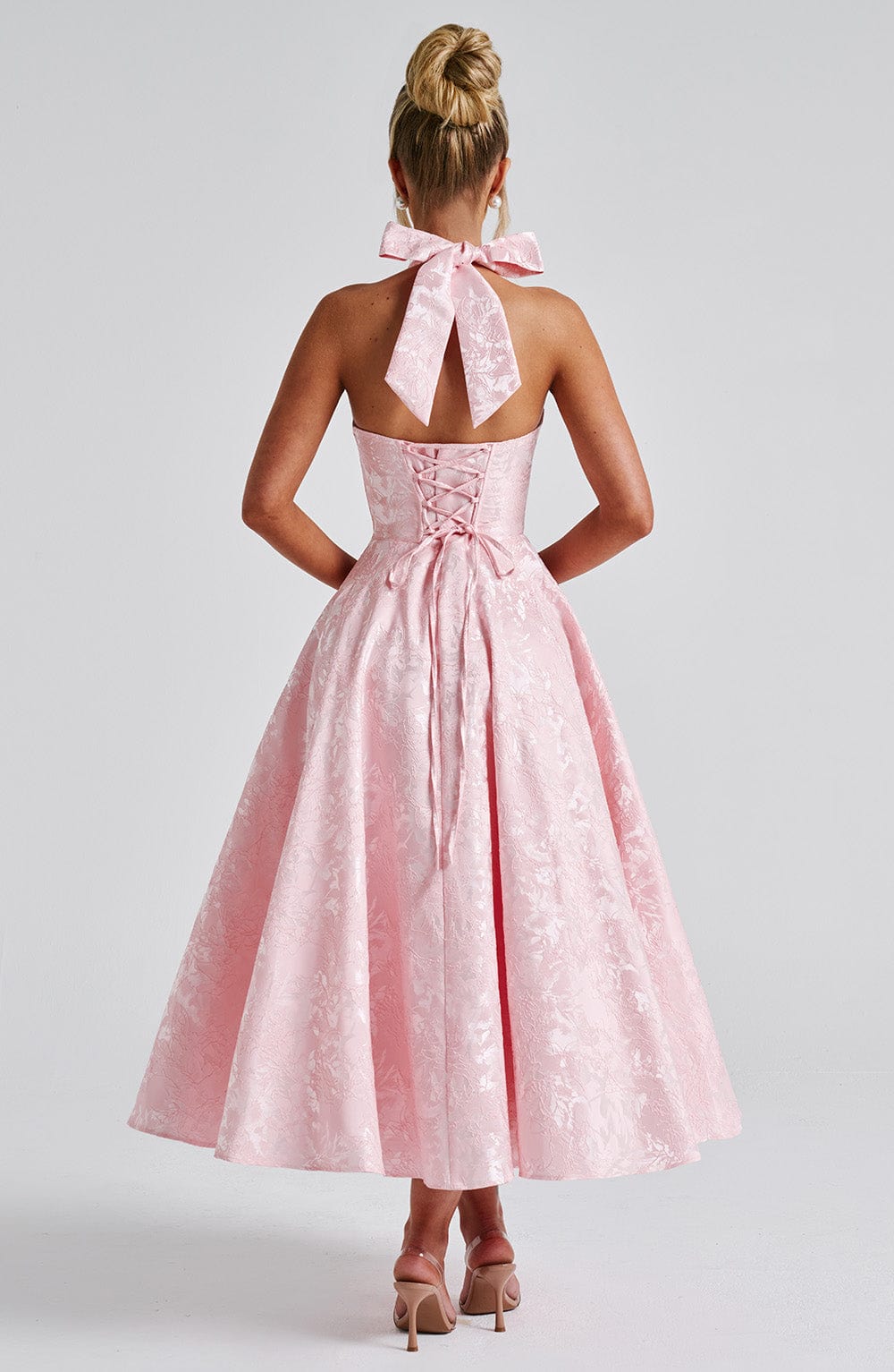 Romantic Halter Jacquard Midi Dress