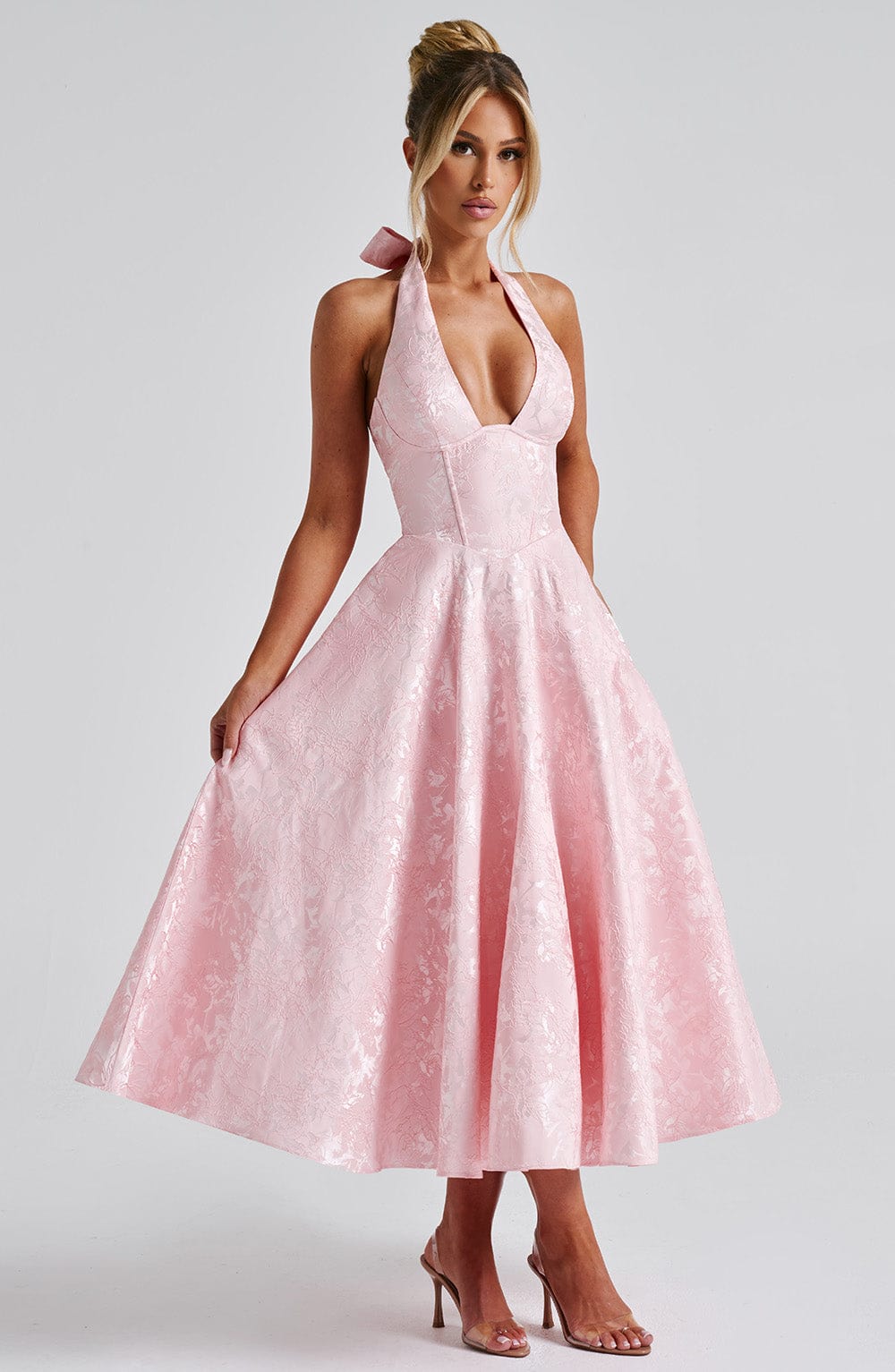 Romantic Halter Jacquard Midi Dress