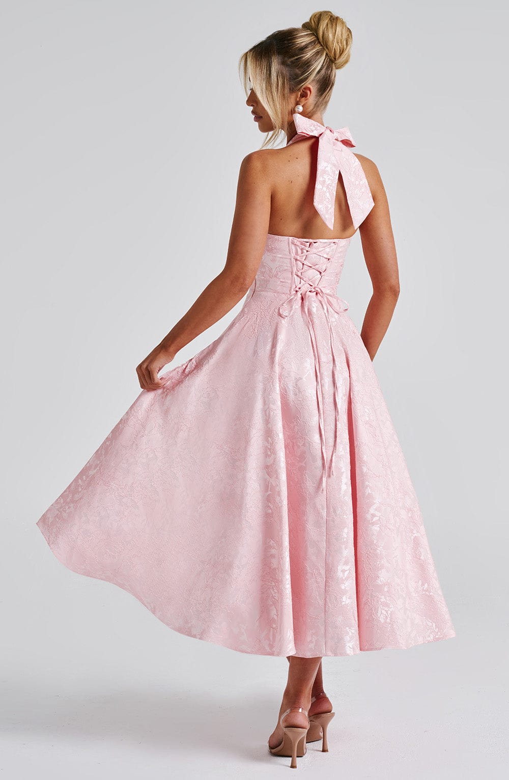 Romantic Halter Jacquard Midi Dress