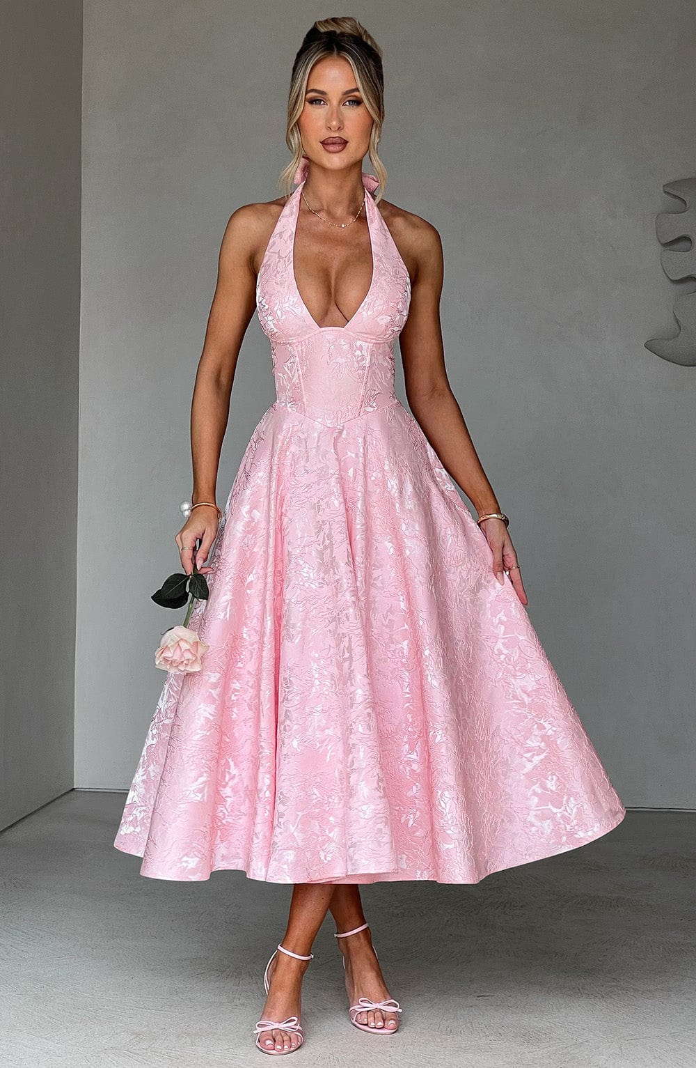 Romantic Halter Jacquard Midi Dress