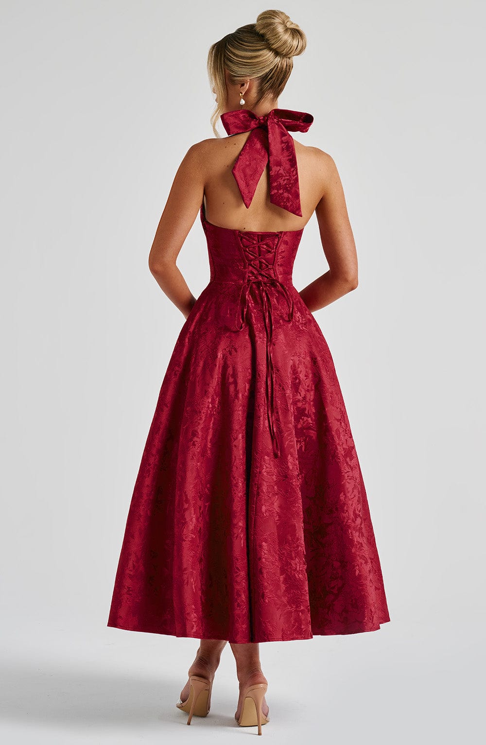 Romantic Halter Jacquard Midi Dress