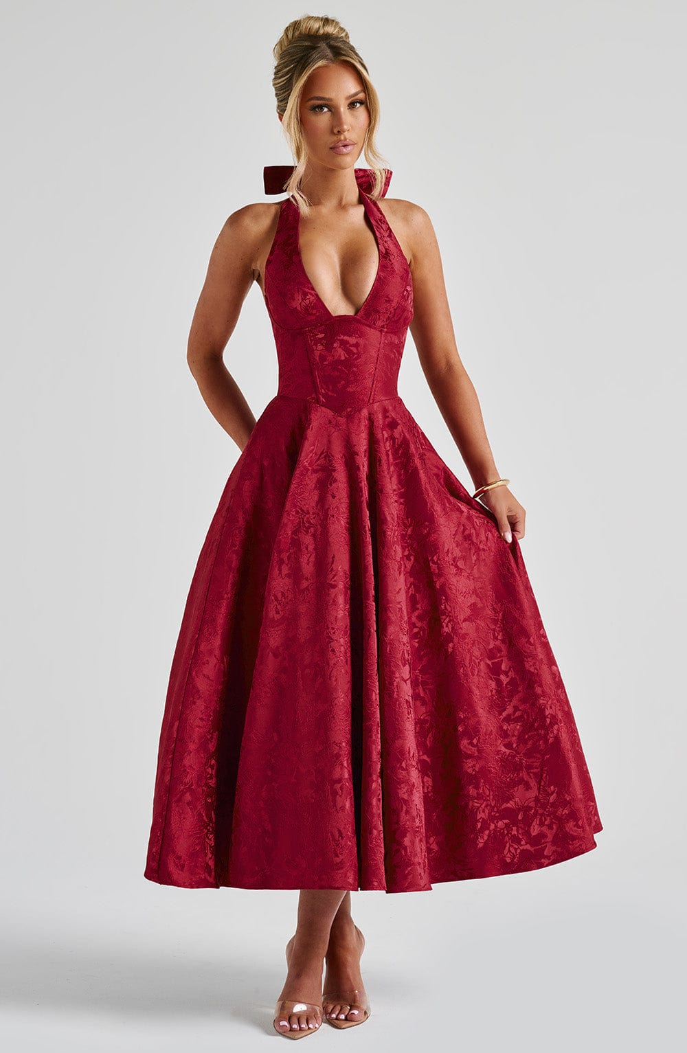 Romantic Halter Jacquard Midi Dress