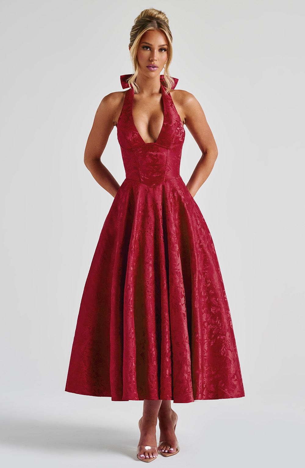 Romantic Halter Jacquard Midi Dress