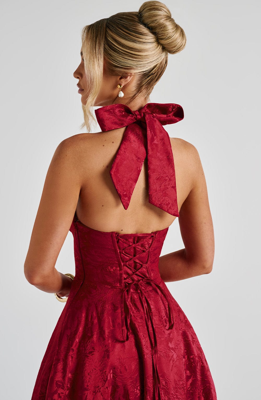 Romantic Halter Jacquard Midi Dress